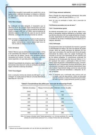Cópia não autorizada
22                                                                                                                      NBR 6122/1996


     7.8.8.1.2 Na cravação à percussão por queda livre, as re-                  7.8.8.5 Carga estrutural admissível
     lações entre o diâmetro da estaca, a massa e o diâmetro
     do pilão devem atender aos valores mínimos indicados                       Para a fixação da carga estrutural admissível, não pode
     na Tabela 5.                                                               ser adotado fck maior do que 20 MPa e γc = 1,5.

                                                                                Nota: No caso de solicitação a tração, vale a prescrição de
     7.8.8.2 Base alargada                                                            7.8.9.9.3.

                                                                                7.8.9 Estacas escavadas com uso de lama 8)
     Na confecção da base alargada, é necessário que os
     últimos 0,15 m3 de concreto sejam introduzidos com uma                     7.8.9.1 Características gerais
     energia mínima de 2,5 MNm, para as estacas de diâmetro
     inferior ou igual a 450 mm, e 5 MNm, para as estacas de                    As estacas escavadas com o uso de lama, sejam circu-
     diâmetro superior a 450 mm. No caso do uso de volume                       lares ou alongadas (estacas diafragma ou barretes), pela
     diferente, a energia deve ser proporcional ao volume.                      sua técnica executiva, têm sua carga admissível, em gran-
                                                                                de parte, dependente do atrito ao longo do fuste, enquanto
     Nota: A energia é obtida pelo produto do peso do pilão pela altura         a resistência de ponta é mobilizada apenas depois de re-
           de queda (constante entre 5 m e 8 m) e pelo número de                calques elevados.
           golpes, controlando-se o volume injetado pela marca do
           cabo do pilão em relação ao topo do tubo.                            7.8.9.2 Perfuração

                                                                                O equipamento deve ser localizado de maneira a garantir
     7.8.8.3 Armadura
                                                                                a centralização da estaca. No caso de estacas de seção
                                                                                circular, deve ser usado tubo-guia de diâmetro 50 mm
     7.8.8.3.1 Mesmo que as solicitações a que a estaca venha                   maior que o da estaca. No caso de outra forma da seção
     a ser submetida não indiquem a necessidade de armadu-                      transversal da estaca, deve ser usada mureta-guia de
     ra neste tipo de estaca, usa-se uma armadura mínima                        concreto ou de aço com dimensões 50 mm maiores que
     necessária por motivos de ordem construtiva, salvo em                      as da estaca projetada. O comprimento enterrado do
     casos especiais, em que esta pode ser dispensada.                          tubo-guia ou da mureta-guia não deve ser inferior a 1 m.
                                                                                Em qualquer dos casos, a perfuração é feita com ferra-
     7.8.8.3.2 A quantidade de armadura, seja longitudinal, seja                menta capaz de garantir a verticalidade da peça, concomi-
     transversal, deve levar em conta as condições de concre-                   tantemente com o lançamento da lama bentonítica, até a
     tagem inerentes a este tipo de estaca.                                     cota prevista no projeto ou até material impenetrável. Caso
                                                                                este material impenetrável esteja acima da cota prevista
                                                                                no projeto, este deve ser reavaliado e adequado às no-
     7.8.8.4 Concretagem                                                        vas condições.

     Com o consumo mínimo de cimento de 350 kg/m3, a con-                       Nota: É desejável que a perfuração seja contínua até sua
     cretagem do fuste pode ser feita em uma das alternativas                         conclusão; caso não seja possível, o efeito da interrupção
                                                                                      deve ser analisado e a estaca eventualmente aprofundada,
     descritas em 7.8.4.2-d).
                                                                                      de modo a garantir a carga admissível prevista no projeto.


                             Tabela 5- Características dos pilões para execução de estacas tipo Franki

                               Diâmetro da estaca         Massa mínima do pilão Diâmetro mínimo do pilão

                                      (mm)                            (t)                            (mm)

                                       300                                1,0                        180

                                       350                                1,5                        220

                                       400                                2,0                        250

                                       450                                2,5                        280

                                       520                                2,8                        310

                                       600                                3,0                        380

                            Nota: As massas indicadas nesta Tabela representam as mínimas aceitáveis. No caso de
                                  estacas de comprimento acima de 15 m, a massa mínima deve ser aumentada.




     8)
          Aplicam-se às estacas escavadas com uso de lama as prescrições de 7.9.
 