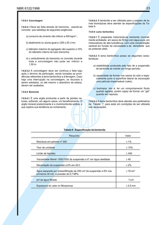 Cópia não autorizada
NBR 6122/1996                                                                                                             23


  7.8.9.3 Concretagem                                              7.8.9.4.2 A bentonita a ser utilizada para o preparo de la-
                                                                   mas tixotrópicas deve atender às especificações da Ta-
  7.8.9.3.1 Deve ser feita através de tremonha, usando-se          bela 6.
  concreto que satisfaça às seguintes exigências:
                                                                   7.8.9.5 Lama bentonítica
                                                       3
      a) consumo de cimento não inferior a 400 kg/m ;              7.8.9.5.1 É preparada misturando-se bentonita (normal-
                                                                   mente embalada em sacos de 50 kg) com água pura, em
      b) abatimento ou slump igual a ( 200 ± 20 ) mm;              misturadores de alta turbulência, com uma concentração
                                                                   variável em função da viscosidade e da densidade que
      c) diâmetro máximo do agregado não superior a 10%            se pretende obter.
         do diâmetro interno do tubo tremonha;
                                                                   7.8.9.5.2 A lama bentonítica possui as seguintes carac-
      d) o embutimento da tremonha no concreto durante             terísticas :
         toda a concretagem não pode ser inferior a
         1,50 m.
                                                                       a) estabilidade produzida pelo fato de a suspensão
                                                                          de bentonita se manter por longo período;
  7.8.9.3.2 A concretagem deve ser contínua e feita logo
  após o término da perfuração, sendo tomadas as provi-
  dências referentes à lama bentonítica e à ferragem. Caso             b) capacidade de formar nos vazios do solo e espe-
  haja uma interrupção na concretagem, os recursos a                      cialmente junto à superfície lateral da escavação
  serem adotados, ou até mesmo o abandono da estaca,                      uma película impermeável (cake);
  devem ser avaliados.
                                                                       c) tixotropia, isto é, ter um comportamento fluido
  7.8.9.4 Bentonita                                                       quando agitada, porém capaz de formar um “gel”
                                                                          quando em repouso.
  7.8.9.4.1 É uma argila produzida a partir de jazidas na-
  turais, sofrendo, em alguns casos, um beneficiamento. O          7.8.9.5.3 A lama bentonítica deve atender aos parâmetros
  argilo mineral predominante é a montmorilonita sódica, o         da Tabela 7, para estar em condições de ser utilizada
  que explica sua tendência ao inchamento.                         nas escavações.




                                             Tabela 6 - Especificação da bentonita

                                                 Requisito                                            Valor

                Resíduos em peneira nº 200                                                             ≤ 1%

                Teor de umidade                                                                        ≤ 15%

                Limite de liquidez                                                                     ≥ 440

                Viscosidade Marsh 1500/1000 da suspensão a 6° em água destilada                        ≥ 40

                Decantação da suspensão a 6% em 24 h                                                   ≤ 2%

                Água separada por pressofiltração de 450 cm3 da suspensão a 6% nos                     ≤ 18 cm3
                primeiros 30 min, à pressão de 0,7 MPa

                pH da água filtrada                                                                      7a9

                Espessura do cake no filtroprensa                                                      ≤ 2,5 mm
 
