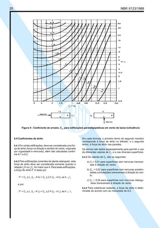 Cópia não autorizada
20                                                                                                          NBR 6123/1988




            Figura 4 - Coeficiente de arrasto, Ca, para edificações paralelepipédicas em vento de baixa turbulência



     6.4 Coeficientes de atrito                                         Em cada fórmula, o primeiro termo do segundo membro
                                                                        corresponde à força de atrito no telhado, e o segundo
     6.4.1 Em certas edificações, deve ser considerada uma for-
                                                                        termo, à força de atrito nas paredes.
     ça de atrito (força na direção e sentido do vento, originada       Os termos são dados separadamente para permitir o uso
     por rugosidade e nervuras), além das calculadas confor-            de diferentes valores de Cf, e q nas diversas superfícies.
     me 6.1 e 6.2.
                                                                        6.4.3 Os valores de Cf, são os seguintes:

     6.4.2 Para edificações correntes de planta retangular, esta            a) Cf = 0,01 para superfícies sem nervuras transver-
     força de atrito deve ser considerada somente quando a                     sais à direção do vento;
     relação I2/h ou I2/I1, for maior que 4. Para estas edificações,
     a força de atrito F' é dada por:                                       b) Cf, = 0,02 para superfícies com nervuras arredon-
                                                                               dadas (ondulações) transversais à direção do ven-
                                                                               to;
         F' = Cf, q I1 (I2 - 4 h) + Cf, q 2 h (I2 - 4 h), se h ≤ I1
                                                                            c) Cf, = 0,04 para superfícies com nervuras retangu-
        e por:                                                                 lares transversais à direção do vento.
                                                                        6.4.4 Para coberturas isoladas, a força de atrito é deter-
         F' = Cf, q I1 (I2 - 4 I1) + Cf, q 2 h (I2 - 4 I1), se h ≥ I1   minada de acordo com as indicações de 8.2.
 