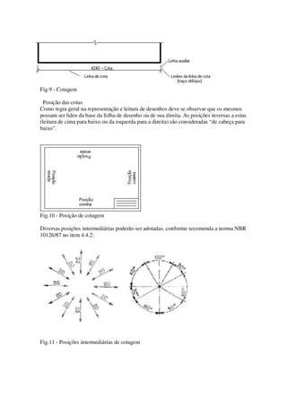 Fig.9 - Cotagem 
Posição das cotas 
Como regra geral na representação e leitura de desenhos deve se observar que os mesmos 
possam ser lidos da base da folha de desenho ou de sua direita. As posições inversas a estas 
(leitura de cima para baixo ou da esquerda para a direita) são consideradas “de cabeça para 
baixo”. 
Fig.10 - Posição de cotagem 
Diversas posições intermediárias poderão ser adotadas, conforme recomenda a norma NBR 
10126/87 no item 4.4.2: 
Fig.11 - Posições intermediárias de cotagem 
 