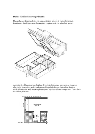 Plantas baixas dos diversos pavimentos 
Plantas baixas são cortes feitos em cada pavimento através de planos horizontais 
imaginários situados em uma altura entre a verga da porta e o peitoril da janela. 
A porção da edificação acima do plano de corte é eliminada e representa-se o que um 
observador imaginário posicionado a uma distância infinita veria ao olhar do alto a 
edificação cortada. Veja no exemplo a seguir a representação de uma parte da Planta Baixa 
da Edificação acima. 
 