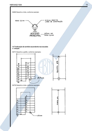 Cópia não autorizada

NBR 6492/1994

A-6.2 Desenho a tinta, conforme exemplo:

A-7 Indicação de sentido ascendente nas escadas
e rampas
A-7.1 Desenho a grafite, conforme exemplos:

A-7.2 Desenho a tinta, conforme exemplos:

15

 