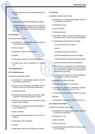 Cópia não autorizada

8

NBR 6492/1994

g) denominação dos diversos compartimentos seccionados;

5.3.3.2 Plantas

As plantas, em geral, devem conter:
h) escalas;
i) notas gerais, desenhos de referência e carimbo;
j) marcação dos cortes transversais nos cortes longitudinais e vice-versa, podendo ainda ser indicadas
as alturas das seções horizontais (planta da
edificação).
5.3.2.5 Fachadas

As fachadas devem conter:
a) simbologias de representação gráfica conforme
as prescritas nesta Norma;

a) simbologias de representação gráfica conforme
as prescritas nesta Norma;
b) indicação do norte;
c) eixos do projeto;
d) sistema estrutural;
e) indicação de todas as cotas necessárias para a
execução da obra, exceto onde houver ampliação;
f) caracterização dos elementos do projeto;
- fechamentos externos e internos;

b) eixos do projeto;

- acesso;

c) indicação de cotas de nível acabado;

- circulações verticais e horizontais;

d) escalas;

- áreas de instalações técnicas e de serviços;

e) notas gerais, desenhos de referência e carimbo;

- cobertura/telhado e captação de águas pluviais;

f) marcação dos cortes longitudinais ou transversais.

- acessos e demais elementos significativos;

5.3.3 Projeto executivo
5.3.3.1 Planta de locação

A planta de locação deve conter:
a) simbologias de representação gráfica conforme
as prescritas nesta Norma;

g) denominação e numeração dos compartimentos
com suas respectivas áreas úteis para referência
dos acabamentos constantes no quadro geral de
acabamentos (ver Anexo);
h) codificação dos elementos a serem detalhados:
portas, janelas, escadas, entre outros;
i) marcação de cortes e fachadas;
j) marcação dos detalhes e ampliações;

b) curvas de nível existentes e projetadas, além de
eventual sistema de coordenadas referenciais;

k) marcação de projeção de elementos significativos acima ou abaixo do plano de corte;

c) indicação do norte;
l) indicação dos níveis de piso acabado e em osso;
d) indicação das vias de acesso, vias internas, estacionamento, áreas cobertas, taludes e platôs;
e) perímetro do terreno, marcos topográficos, cotas
gerais, níveis principais;

m) escalas;
n) notas gerais, desenhos de referência e carimbo.
5.3.3.3 Planta de teto refletivo

f) indicação dos limites externos das edificações: recuos e afastamentos;

A planta de teto refletivo deve conter:

g) eixos do projeto;

a) simbologias de representação gráfica conforme
as prescritas nesta Norma;

h) amarração dos eixos do projeto a um ponto de referência;

b) indicação do norte;

i) denominação das edificações;
j) escalas;
k) notas gerais, desenhos de referência e carimbo.

c) eixos do projeto;
d) sistema estrutural;
e) caracterização dos fechamentos internos e externos em acabado;

 