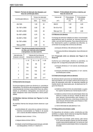 NBR 7229/1993 5
Tabela 2 -Período de detenção dos despejos, por
faixa de contribuição diária
Tempo de detenção
Contribuição diária (L)
Dias Horas
Até 1500 1,00 24
De 1501 a 3000 0,92 22
De 3001 a 4500 0,83 20
De 4501 a 6000 0,75 18
De 6001 a 7500 0,67 16
De 7501 a 9000 0,58 14
Mais que 9000 0,50 12
Tabela 3 - Taxa de acumulação total de lodo (K),
em dias, por intervalo entre limpezas
e temperatura do mês mais frio
Intervalo entre Valores de K por faixa de
limpezas (anos) temperatura ambiente (t), em °C
t ≤ 10 10 ≤ t ≤ 20 t > 20
1 94 65 57
2 134 105 97
3 174 145 137
4 214 185 177
5 254 225 217
5.8 Geometria dos tanques
Os tanques sépticos podem ser cilíndricos ou prismáticos
retangulares. Os cilíndricos são empregados em situações
onde se pretende minimizar a área útil em favor da profun-
didade; os prismáticos retangulares, nos casos em que
sejam desejáveis maior área horizontal e menor profun-
didade.
5.9 Medidas internas mínimas (ver Figuras 3 e 4 do
Anexo A)
As medidas internas dos tanques devem observar o que
segue:
a) profundidade útil: varia entre os valores mínimos e
máximos recomendados na Tabela 4, de acordo
com o volume útil obtido mediante a fórmula de 5.7;
b) diâmetro interno mínimo: 1,10 m;
c) largura interna mínima: 0,80 m;
d) relação comprimento/largura (para tanques prismáti-
cos retangulares): mínimo 2:1; máximo 4:1.
Tabela 4 - Profundidade útil mínima e máxima, por
faixa de volume útil
Volume útil Profundidade Profundidade
útil mínima útil máxima
(m3
) (m) (m)
Até 6,0 1,20 2,20
De 6,0 a 10,0 1,50 2,50
Mais que 10,0 1,80 2,80
5.10 Número de câmaras
O emprego de câmaras múltiplas em série é recomendado
especialmente para os tanques de volumes pequeno a
médio, servindo até 30 pessoas. Para observância de me-
lhor desempenho quanto à qualidade dos efluentes, re-
comendam-se os seguintes números de câmaras:
a) tanques cilíndricos: três câmaras em série;
b) tanques prismáticos retangulares: duas câmaras em
série.
5.11 Proporção entre as câmaras (ver Figura 4 do
Anexo A)
Conforme sua conformação, cilíndrica ou prismática, os
tanques têm as seguintes proporções entre câmaras:
a) tanques cilíndricos: 2:1 em volume, da entrada para
a saída;
b) tanques prismáticos retangulares: 2:1 em volume,
da entrada para a saída.
5.12 Intercomunicação entre as câmaras
As câmaras devem comunicar-se mediante aberturas com
área equivalente a 5% da seção vertical útil do tanque no
plano de separação entre elas. As seguintes relações de
medida devem ser observadas para as aberturas (ver Fi-
gura 4 do Anexo A):
a) distância vertical mínima da extremidade ou gera-
triz superior da abertura ao nível do líquido: 0,30 m;
b) distância vertical mínima da extremidade inferior da
abertura à soleira do tanque: metade da altura útil
para tanques dimensionados para limpeza a in-
tervalos de até três anos, e dois terços da altura útil
para tanques dimensionados para limpeza a inter-
valos superiores a três anos;
c) menor dimensão de cada abertura: 3 cm.
5.13 Dispositivos de entrada e saída
Os dispositivos de entrada e saída, constituídos por três
sanitários ou septos, devem observar as seguintes relações
de medidas (ver Figura 3 do Anexo A):
a) dispositivo de entrada: parte emersa, pelo menos
5 cm acima da geratriz superior do tubo de entrada,
e parte imersa aprofundada até 5 cm acima do nível
correspondente à extremidade inferior do dispositivo
de saída;
Cópia não autorizada
 