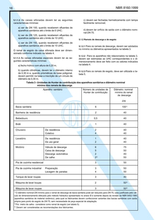 16 NBR 8160:1999
5.1.1.2 As caixas sifonadas devem ter as seguintes
características mínimas:
a) ser de DN 100, quando receberem efluentes de
aparelhos sanitários até o limite de 6 UHC;
b) ser de DN 125, quando receberem efluentes de
aparelhos sanitários até o limite de 10 UHC;
c) ser de DN 150, quando receberem efluentes de
aparelhos sanitários até o limite de 15 UHC.
O ramal de esgoto da caixa sifonada deve ser dimen-
sionado conforme indicado na tabela 4.
5.1.1.3 As caixas sifonadas especiais devem ter as se-
guintes características mínimas:
a) fecho hídrico com altura de 0,20 m;
b) quando cilíndricas, devem ter o diâmetro interno
de 0,30 m e, quando prismáticas de base poligonal,
devem permitir na base a inscrição de um círculo de
diâmetro de 0,30 m;
c) devem ser fechadas hermeticamente com tampa
facilmente removível;
d) devem ter orifício de saída com o diâmetro nomi-
nal DN 75.
5.1.2 Ramais de descarga e de esgoto
5.1.2.1 Para os ramais de descarga, devem ser adotados
no mínimo os diâmetros apresentados na tabela 3.
5.1.2.2 Para os aparelhos não relacionados na tabela 3,
devem ser estimadas as UHC correspondentes e o di-
mensionamento deve ser feito com os valores indicados
na tabela 4.
5.1.2.3 Para os ramais de esgoto, deve ser utilizada a ta-
bela 5.
Tabela 3 - Unidades de Hunter de contribuição dos aparelhos sanitários e diâmetro nominal
mínimo dos ramais de descarga
Aparelho sanitário Número de unidades de Diâmetro nominal
Hunter de contribuição mínimo do ramal
de descarga
DN
Bacia sanitária 6 1001)
Banheira de residência 2 40
Bebedouro 0,5 40
Bidê 1 40
Chuveiro De residência 2 40
Coletivo 4 40
Lavatório De residência 1 40
De uso geral 2 40
Mictório Válvula de descarga 6 75
Caixa de descarga 5 50
Descarga automática 2 40
De calha 22)
50
Pia de cozinha residencial 3 50
Pia de cozinha industrial Preparação 3 50
Lavagem de panelas 4 50
Tanque de lavar roupas 3 40
Máquina de lavar louças 2 503)
Máquina de lavar roupas 3 503)
1)
O diâmetro nominal DN mínimo para o ramal de descarga de bacia sanitária pode ser reduzido para DN 75, caso justificado pelo cál-
culo de dimensionamento efetuado pelo método hidráulico apresentado no anexo B e somente depois da revisão da NBR 6452:1985
(aparelhos sanitários de material cerâmico), pela qual os fabricantes devem confeccionar variantes das bacias sanitárias com saída
própria para ponto de esgoto de DN 75, sem necessidade de peça especial de adaptação.
2)
Por metro de calha - considerar como ramal de esgoto (ver tabela 5).
3)
Devem ser consideradas as recomendações dos fabricantes.
Licença de uso exclusivo para Petrobrás S/A
Cópia impressa pelo Sistema Target CENWeb
 