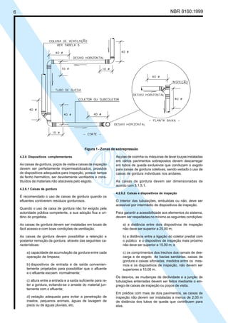 Licença de uso exclusivo para Petrobrás S/A
Cópia impressa pelo Sistema Target CENWeb

NBR 8160:1999

6

Figura 1 - Zonas de sobrepressão
4.2.6 Dispositivos complementares

As caixas de gordura, poços de visita e caixas de inspeção
devem ser perfeitamente impermeabilizados, providos
de dispositivos adequados para inspeção, possuir tampa
de fecho hermético, ser devidamente ventilados e constituídos de materiais não atacáveis pelo esgoto.

As pias de cozinha ou máquinas de lavar louças instaladas
em vários pavimentos sobrepostos devem descarregar
em tubos de queda exclusivos que conduzam o esgoto
para caixas de gordura coletivas, sendo vedado o uso de
caixas de gordura individuais nos andares.
As caixas de gordura devem ser dimensionadas de
acordo com 5.1.5.1.

4.2.6.1 Caixas de gordura
4.2.6.2 Caixas e dispositivos de inspeção

É recomendado o uso de caixas de gordura quando os
efluentes contiverem resíduos gordurosos.

O interior das tubulações, embutidas ou não, deve ser
acessível por intermédio de dispositivos de inspeção.

Quando o uso de caixa de gordura não for exigido pela
autoridade pública competente, a sua adoção fica a critério do projetista.

Para garantir a acessibilidade aos elementos do sistema,
devem ser respeitadas no mínimo as seguintes condições:

As caixas de gordura devem ser instaladas em locais de
fácil acesso e com boas condições de ventilação.

a) a distância entre dois dispositivos de inspeção
não deve ser superior a 25,00 m;

As caixas de gordura devem possibilitar a retenção e
posterior remoção da gordura, através das seguintes características:

b) a distância entre a ligação do coletor predial com
o público e o dispositivo de inspeção mais próximo
não deve ser superior a 15,00 m; e

a) capacidade de acumulação da gordura entre cada
operação de limpeza;

c) os comprimentos dos trechos dos ramais de descarga e de esgoto de bacias sanitárias, caixas de
gordura e caixas sifonadas, medidos entre os mesmos e os dispositivos de inspeção, não devem ser
superiores a 10,00 m.

b) dispositivos de entrada e de saída convenientemente projetados para possibilitar que o afluente
e o efluente escoem normalmente;
c) altura entre a entrada e a saída suficiente para reter a gordura, evitando-se o arraste do material juntamente com o efluente;
d) vedação adequada para evitar a penetração de
insetos, pequenos animais, águas de lavagem de
pisos ou de águas pluviais, etc.

Os desvios, as mudanças de declividade e a junção de
tubulações enterradas devem ser feitos mediante o emprego de caixas de inspeção ou poços de visita.
Em prédios com mais de dois pavimentos, as caixas de
inspeção não devem ser instaladas a menos de 2,00 m
de distância dos tubos de queda que contribuem para
elas.

 