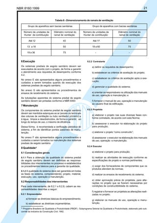 NBR 8160:1999 21
Tabela 8 - Dimensionamento de ramais de ventilação
Grupo de aparelhos sem bacias sanitárias Grupo de aparelhos com bacias sanitárias
Número de unidades de Diâmetro nominal do Número de unidades de Diâmetro nominal do
Hunter de contribuição ramal de ventilação Hunter de contribuição ramal de ventilação
Até 12 40 Até 17 50
13 a 18 50 18 a 60 75
19 a 36 75 - -
6 Execução
Os sistemas prediais de esgoto sanitário devem ser
executados de acordo com o projeto, de forma a garantir
o atendimento aos requisitos de desempenho conforme
4.2.
No anexo E são apresentados alguns procedimentos e
cuidados a serem tomados quando da execução dos
sistemas prediais de esgoto sanitário.
No anexo G são apresentados os procedimentos de
ensaios de recebimento do sistema.
As tubulações aparentes do sistema predial de esgoto
sanitário devem ser pintadas conforme a NBR 6493
7 Manutenção
Os componentes do sistema predial de esgoto sanitário
devem ser mantidos estanques ao ar (exceto os terminais
das colunas de ventilação ou tubo ventilador primário) e
à água, limpos e desobstruídos, de forma a garantir, ao
longo do tempo de uso, o máximo de eficiência.
Dessa forma, é recomendada a verificação periódica do
sistema, a fim de identificar pontos passíveis de manu-
tenção.
No anexo F são apresentados alguns procedimentos e
cuidados a serem tomados na manutenção dos sistemas
prediais de esgoto sanitário.
8 Qualidade3)
8.1 Considerações gerais
8.1.1 Para a obtenção da qualidade do sistema predial
de esgoto sanitário devem ser definidas as responsa-
bilidades dos intervenientes no processo e estabelecidos
os procedimentos básicos para a garantia da qualidade.
8.1.2 A qualidade do sistema deve ser garantida em todas
as fases do sistema, compreendendo: projeto, material,
execução, uso, operação e manutenção.
8.2 Responsabilidades dos intervenientes
Para cada interveniente, de 8.2.1 a 8.2.8, cabem as res-
ponsabilidades descritas a seguir:
8.2.1 Empreendedor
a) fornecer as diretrizes básicas do empreendimento;
b) estabelecer as diretrizes orçamentárias.
8.2.2 Contratante
a) definir os requisitos de desempenho;
b) estabelecer os critérios de aceitação do projeto;
c) estabelecer os critérios de aceitação após a exe-
cução;
d) gerenciar a qualidade do sistema;
e) orientar os responsáveis na utilização dos manuais
de uso, operação e manutenção; e
f) fornecer o manual de uso, operação e manutenção
ao usuário final da edificação.
8.2.3 Projetista
a) elaborar o projeto nas suas diversas fases con-
forme contratado, de acordo com esta Norma;
b) assessorar o executor na elaboração do projeto
para produção;
c) elaborar o projeto “como construído”;
d) assessorar o executor na elaboração dos manuais
de uso, operação e manutenção.
8.2.4 Executor
a) elaborar o projeto para produção;
b) realizar as atividades de execução conforme as
especificações de projeto e normas pertinentes;
c) exigir dos fornecedores de componentes que os
produtos atendam às normas;
d) realizar os ensaios de recebimento do sistema;
e) obter aprovação prévia do projetista, para alte-
rações no projeto que se fizerem necessárias por
condições de constructibilidade do sistema;
f) registrar e fornecer ao projetista as alterações reali-
zadas no projeto;
g) elaborar os manuais de uso, operação e manu-
tenção.
3)
Programa Brasileiro de Qualidade e Produtividade (PBQP) - Subprograma Setorial da Qualidade e Produtividade, elaborado pelo sub-
comitê da Indústria da Construção Civil, 1992.
Cópia não autorizada
 