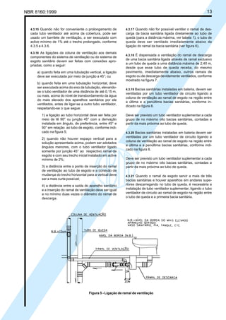 NBR 8160:1999 13
4.3.15 Quando não for conveniente o prolongamento de
cada tubo ventilador até acima da cobertura, pode ser
usado um barrilete de ventilação, a ser executado com
aclive mínimo de 1% até o trecho prolongado, conforme
4.3.5 e 4.3.6.
4.3.16 As ligações da coluna de ventilação aos demais
componentes do sistema de ventilação ou do sistema de
esgoto sanitário devem ser feitas com conexões apro-
priadas, como a seguir:
a) quando feita em uma tubulação vertical, a ligação
deve ser executada por meio de junção a 45°; ou
b) quando feita em uma tubulação horizontal, deve
ser executada acima do eixo da tubulação, elevando-
se o tubo ventilador de uma distância de até 0,15 m,
ou mais, acima do nível de transbordamento da água
do mais elevado dos aparelhos sanitários por ele
ventilados, antes de ligar-se a outro tubo ventilador,
respeitando-se o que segue:
1) a ligação ao tubo horizontal deve ser feita por
meio de tê 90° ou junção 45° com a derivação
instalada em ângulo, de preferência, entre 45° e
90° em relação ao tubo de esgoto, conforme indi-
cado na figura 5;
2) quando não houver espaço vertical para a
solução apresentada acima, podem ser adotados
ângulos menores, com o tubo ventilador ligado
somente por junção 45° ao respectivo ramal de
esgoto e com seu trecho inicial instalado em aclive
mínimo de 2%;
3) a distância entre o ponto de inserção do ramal
de ventilação ao tubo de esgoto e a conexão de
mudança do trecho horizontal para a vertical deve
ser a mais curta possível;
4) a distância entre a saída do aparelho sanitário
e a inserção do ramal de ventilação deve ser igual
a no mínimo duas vezes o diâmetro do ramal de
descarga.
4.3.17 Quando não for possível ventilar o ramal de des-
carga da bacia sanitária ligada diretamente ao tubo de
queda (para a distância máxima, ver tabela 1), o tubo de
queda deve ser ventilado imediatamente abaixo da
ligação do ramal da bacia sanitária (ver figura 6).
4.3.18 É dispensada a ventilação do ramal de descarga
de uma bacia sanitária ligada através de ramal exclusivo
a um tubo de queda a uma distância máxima de 2,40 m,
desde que esse tubo de queda receba, do mesmo
pavimento, imediatamente abaixo, outros ramais de
esgoto ou de descarga devidamente ventilados, conforme
mostrado na figura 7.
4.3.19 Bacias sanitárias instaladas em bateria, devem ser
ventiladas por um tubo ventilador de circuito ligando a
coluna de ventilação ao ramal de esgoto na região entre
a última e a penúltima bacias sanitárias, conforme in-
dicado na figura 8.
Deve ser previsto um tubo ventilador suplementar a cada
grupo de no máximo oito bacias sanitárias, contadas a
partir da mais próxima ao tubo de queda.
4.3.20 Bacias sanitárias instaladas em bateria devem ser
ventiladas por um tubo ventilador de circuito ligando a
coluna de ventilação ao ramal de esgoto na região entre
a última e a penúltima bacias sanitárias, conforme indi-
cado na figura 8.
Deve ser previsto um tubo ventilador suplementar a cada
grupo de no máximo oito bacias sanitárias, contadas a
partir da mais próxima ao tubo de queda.
4.3.21 Quando o ramal de esgoto servir a mais de três
bacias sanitárias e houver aparelhos em andares supe-
riores descarregando no tubo de queda, é necessária a
instalação de tubo ventilador suplementar, ligando o tubo
ventilador de circuito ao ramal de esgoto na região entre
o tubo de queda e a primeira bacia sanitária.
Figura 5 - Ligação de ramal de ventilação
Cópia não autorizada
 