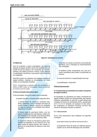 NBR 8160:1999 15
Figura 8 - Ventilação em circuito
4.4 Materiais
4.4.1 Os materiais a serem empregados nos sistemas
prediais de esgoto sanitário devem ser especificados em
função do tipo de esgoto a ser conduzido, da sua tem-
peratura, dos efeitos químicos e físicos, e dos esforços
ou solicitações mecânicas a que possam ser submetidas
as instalações.
4.4.2 Não podem ser utilizados nos sistemas prediais de
esgoto sanitário, materiais ou componentes não cons-
tantes na normalização brasileira.
NOTA - Componentes ou materiais ainda não normalizados no
âmbito da ABNT podem ser empregados, desde que atendam
às normas do país de origem.
4.5 Documentação básica de projeto
A documentação básica do projeto deve contemplar:
a) projeto executivo, composto pelos seguintes itens:
1) planta baixa da cobertura, andar(es) tipo,
térreo, subsolo(s), com a indicação dos tubos de
queda, ramais e desvios, colunas de ventilação
(no caso de sistema com ventilação secundária),
dispositivos em geral;
2) planta baixa do pavimento inferior, com tra-
çados e localização dos subcoletores, coletor pre-
dial, dispositivos de inspeção, local de lançamento
do esgoto sanitário e suas respectivas cotas;
3) esquema vertical (ou fluxograma geral) apre-
sentado em separado ou em conjunto com o sis-
tema predial de águas pluviais, sem escala, in-
dicando os componentes do sistema e suas inter-
ligações;
4) plantas, em escala conveniente, dos ambientes
sanitários, com a indicação do encaminhamento
das tubulações;
5) detalhes (cortes, perspectivas, etc.) que se fi-
zerem necessários para melhor compreensão do
sistema;
b) memorial descritivo e especificações técnicas;
c) quantificação e orçamento.
5 Dimensionamento
5.1 Componentes do subsistema de coleta e transporte
de esgoto sanitário
As tubulações do subsistema de coleta e transporte de
esgoto sanitário podem ser dimensionadas pelo método
hidráulico, apresentado no anexo B, ou pelo método das
unidades de Hunter de contribuição (UHC), apresentado
em 5.1.2 a 5.1.4, devendo, em qualquer um dos casos,
ser respeitados os diâmetros nominais mínimos dos
ramais de descarga indicados na tabela 3.
5.1.1 Desconectores
5.1.1.1 Todo desconector deve satisfazer às seguintes
condições:
a) ter fecho hídrico com altura mínima de 0,05 m;
b) apresentar orifício de saída com diâmetro igual ou
superior ao do ramal de descarga a ele conectado.
Cópia não autorizada
 