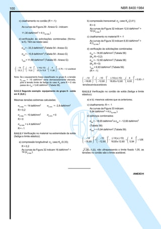 100 NBR 8400:1984
c) cisalhamento no cordão (R = -1):
As curvas da Figura 29 - Anexo G - indicam:
11,30 daN/mm2
> 4 (τxy máx.
)
d) verificação às solicitações combinadas (fórmu-
la 5). Têm-se neste caso:
σxa
= - 33,3 daN/mm2
(Tabela 54 - Anexo G)
σya
= - 10,8 daN/mm2
(Tabela 54 - Anexo G)
τxya
= 11,88 daN/mm2
(Tabela 55 - Anexo G)
aceitável1,00,76
11,88
4
10,8x33,3
(-10)(-14)
-
10,8-
10-
33,3-
14-
-
222
<=





+





+





Nota: Se o equipamento fosse classificado no grupo 6, a tensão
σy máx. = -10 daN/mm2
seria demasiadamente elevada,
pois a tensão limite de fadiga do caso K4 para R = 0 não
passa de σya = 5,40 daN/mm2
(Tabela 58).
G.8.2.2 Segundo exemplo: equipamento do grupo 6 - solda
em K (Q.E.)
Mesmas tensões extremas calculadas:
σx máx.
= - 14 daN/mm2
σx mín.
= - 2,8 daN/mm2
R = 0,2
σy máx.
= - 10 daN/mm2
σy mín.
= 0
R = 0
σxy máx.
= ± 4 daN/mm2
R = - 1
G.8.2.2.1 Verificação no material na extremidade da solda
(fadiga e limite elástico):
a) compressão longitudinal: σx
; caso K0
(0,33);
R = 0,2
As curvas da Figura 32 indicam 16 daN/mm2
>
14 (σy máx.
).
b) compressão transversal: σy
; caso K2
(2,41);
R = 0
As curvas da Figura 32 indicam 12,6 daN/mm2
>
10 (σx máx.
)
c) cisalhamento no material R = -1
As curvas da Figura 33 indicam 6,93 daN/mm2
>
4 (τxy máx.
)
d) verificação às solicitações combinadas
σxa
= - 18,65 daN/mm2
(Tabela 58)
(K0
; R = 0,2)
σya
= - 12,60 daN/mm2
(Tabela 58)
(K2
; R = 0)
τxya
= 6,93 daN/mm2
(Tabela 59)
(R = - 1)
aceitáveisaindatensões
10,93
6,93
4
12,60x18,65
(-10)x(-14)
-
12,60-
10-
18,65-
14-
222
<=





+





+





G.8.2.2.2 Verificação no cordão de solda (fadiga e limite
elástico):
a) e b): mesmos valores que os anteriores;
c) cisalhamento: R = - 1
As curvas da Figura 33 indicam:
5,94 daN/mm2
> 4 (τxy máx.
).
d) esforços combinados:
σxa
= - 18,65 daN/mm2
e σya
= - 12,60 daN/mm2
(Tabela 58)
σxya
= + 5,94 daN/mm2
(Tabela 59)
,061
5,94
4
12,60x18,65
(-10)x(-14)
-
12,60-
10-
18,65-
14-
222
=





+





+





1,03,1,06= não ultrapassando o limite fixado 1,05, as
tensões no cordão são o limite aceitável.
/ANEXOH
Cópia não autorizada
 