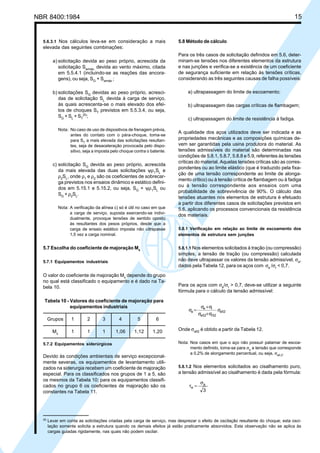 NBR 8400:1984 15
5.8 Método de cálculo
Para os três casos de solicitação definidos em 5.6, deter-
minam-se tensões nos diferentes elementos da estrutura
e nas junções e verifica-se a existência de um coeficiente
de segurança suficiente em relação às tensões críticas,
considerando as três seguintes causas de falha possíveis:
a) ultrapassagem do limite de escoamento;
b) ultrapassagem das cargas críticas de flambagem;
c) ultrapassagem do limite de resistência à fadiga.
A qualidade dos aços utilizados deve ser indicada e as
propriedades mecânicas e as composições químicas de-
vem ser garantidas pela usina produtora do material. As
tensões admissíveis do material são determinadas nas
condições de 5.8.1, 5.8.7, 5.8.8 e 5.9, referentes às tensões
críticas do material. Aquelas tensões críticas são as corres-
pondentes ou ao limite elástico (que é traduzido pela fixa-
ção de uma tensão correspondente ao limite de alonga-
mento crítico) ou à tensão crítica de flambagem ou à fadiga
ou à tensão correspondente aos ensaios com uma
probabilidade de sobrevivência de 90%. O cálculo das
tensões atuantes nos elementos de estrutura é efetuado
a partir dos diferentes casos de solicitações previstos em
5.6, aplicando os processos convencionais da resistência
dos materiais.
5.8.1 Verificação em relação ao limite de escoamento dos
elementos de estrutura sem junções
5.8.1.1 Nos elementos solicitados à tração (ou compressão)
simples, a tensão de tração (ou compressão) calculada
não deve ultrapassar os valores da tensão admissível, σa
,
dados pela Tabela 12, para os aços com σe
/σr
< 0,7.
Para os aços com σe
/σr
> 0,7, deve-se utilizar a seguinte
fórmula para o cálculo da tensão admissível:
a52
r52e52
re
a σ
σ+σ
σ+σ
=σ
Onde σa52
é obtido a partir da Tabela 12.
Nota: Nos casos em que o aço não possuir patamar de escoa-
mento definido, toma-se para σe
a tensão que corresponde
a 0,2% de alongamento percentual, ou seja, σe0,2.
5.8.1.2 Nos elementos solicitados ao cisalhamento puro,
a tensão admissível ao cisalhamento é dada pela fórmula:
3
a
a
σ
=τ
5.6.3.1 Nos cálculos leva-se em consideração a mais
elevada das seguintes combinações:
a) solicitação devida ao peso próprio, acrescida da
solicitação Swmáx.
devida ao vento máximo, citada
em 5.5.4.1 (incluindo-se as reações das ancora-
gens), ou seja, SG
+ Swmáx.
;
b) solicitações SG
devidas ao peso próprio, acresci-
das de solicitação SL
devida à carga de serviço,
às quais acrescenta-se o mais elevado dos efei-
tos de choques ST
previstos em 5.5.3.4, ou seja,
SG
+ SL
+ ST
(5)
;
Nota: No caso de uso de dispositivos de frenagem prévia,
antes do contato com o pára-choque, toma-se
para ST a mais elevada das solicitações resultan-
tes, seja de desaceleração provocada pelo dispo-
sitivo, seja a imposta pelo choque contra o batente.
c) solicitação SG
devida ao peso próprio, acrescida
da mais elevada das duas solicitações ψρ1
SL
e
ρ2
SL
, onde ρ1
e ρ2
são os coeficientes de sobrecar-
ga previstos nos ensaios dinâmico e estático defini-
dos em 5.15.1 e 5.15.2, ou seja, SG
+ ψρ1
SL
ou
SG
+ ρ2
SL
.
Nota: A verificação da alínea c) só é útil no caso em que
a carga de serviço, suposta exercendo-se indivi-
dualmente, provoque tensões de sentido oposto
às resultantes dos pesos próprios, desde que a
carga de ensaio estático imposta não ultrapasse
1,5 vez a carga nominal.
5.7 Escolha do coeficiente de majoração Mx
5.7.1 Equipamentos industriais
O valor do coeficiente de majoração Mx
depende do grupo
no qual está classificado o equipamento e é dado na Ta-
bela 10.
Tabela 10 - Valores do coeficiente de majoração para
equipamentos industriais
Grupos 1 2 3 4 5 6
Mx
1 1 1 1,06 1,12 1,20
5.7.2 Equipamentos siderúrgicos
Devido às condições ambientais de serviço excepcional-
mente severas, os equipamentos de levantamento utili-
zados na siderurgia recebem um coeficiente de majoração
especial. Para os classificados nos grupos de 1 a 5, são
os mesmos da Tabela 10; para os equipamentos classifi-
cados no grupo 6 os coeficientes de majoração são os
constantes na Tabela 11.
(5)
Levar em conta as solicitações criadas pela carga de serviço, mas desprezar o efeito de oscilação resultante do choque; esta osci-
lação somente solicita a estrutura quando os demais efeitos já estão praticamente absorvidos. Esta observação não se aplica às
cargas guiadas rigidamente, nas quais não podem oscilar.
Cópia não autorizada
 