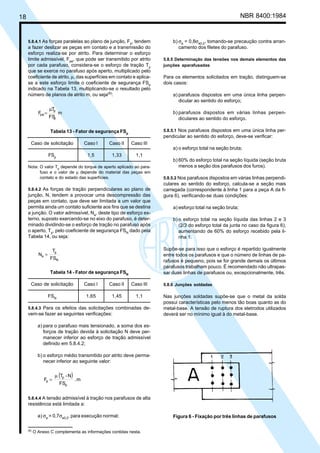 18 NBR 8400:1984
b) σa
= 0,8σe0,2
, tomando-se precaução contra arran-
camento dos filetes do parafuso.
5.8.5 Determinação das tensões nos demais elementos das
junções aparafusadas
Para os elementos solicitados em tração, distinguem-se
dois casos:
a) parafusos dispostos em uma única linha perpen-
dicular ao sentido do esforço;
b) parafusos dispostos em várias linhas perpen-
diculares ao sentido do esforço.
5.8.5.1 Nos parafusos dispostos em uma única linha per-
pendicular ao sentido do esforço, deve-se verificar:
a) o esforço total na seção bruta;
b) 60% do esforço total na seção líquida (seção bruta
menos a seção dos parafusos dos furos).
5.8.5.2 Nos parafusos dispostos em várias linhas perpendi-
culares ao sentido do esforço, calcula-se a seção mais
carregada (correspondente à linha 1 para a peça A da fi-
gura 6), verificando-se duas condições:
a) esforço total na seção bruta;
b) o esforço total na seção líquida das linhas 2 e 3
(2/3 do esforço total da junta no caso da figura 6),
aumentando de 60% do esforço recebido pela li-
nha 1.
Supõe-se para isso que o esforço é repartido igualmente
entre todos os parafusos e que o número de linhas de pa-
rafusos é pequeno, pois se for grande demais os últimos
parafusos trabalham pouco. É recomendado não ultrapas-
sar duas linhas de parafusos ou, excepcionalmente, três.
5.8.6 Junções soldadas
Nas junções soldadas supõe-se que o metal da solda
possui características pelo menos tão boas quanto as do
metal-base. A tensão de ruptura dos eletrodos utilizados
deverá ser no mínimo igual à do metal-base.
5.8.4.1 As forças paralelas ao plano de junção, Fp
, tendem
a fazer deslizar as peças em contato e a transmissão do
esforço realiza-se por atrito. Para determinar o esforço
limite admissível, Fpa
, que pode ser transmitido por atrito
por cada parafuso, considera-se o esforço de tração Tp
que se exerce no parafuso após aperto, multiplicado pelo
coeficiente de atrito, µ, das superfícies em contato e aplica-
se a este esforço limite o coeficiente de segurança FSp
indicado na Tabela 13, multiplicando-se o resultado pelo
número de planos de atrito m, ou seja(6)
:
m
FS
T
F
p
p
pa
µ
=
Tabela 13 - Fator de segurança FSp
Caso de solicitação Caso I Caso II Caso III
FSp
1,5 1,33 1,1
Nota: O valor Tp depende do torque de aperto aplicado ao para-
fuso e o valor de µ depende do material das peças em
contato e do estado das superfícies.
5.8.4.2 As forças de tração perpendiculares ao plano de
junção, N, tendem a provocar uma descompressão das
peças em contato, que deve ser limitada a um valor que
permita ainda um contato suficiente aos fins que se destina
a junção. O valor admissível, Na
, deste tipo de esforço ex-
terno, suposto exercendo-se no eixo do parafuso, é deter-
minado dividindo-se o esforço de tração no parafuso após
o aperto, Tp
, pelo coeficiente de segurança FSN
dado pela
Tabela 14, ou seja:
=
N
p
a
FS
T
N
Tabela 14 - Fator de segurança FSN
Caso de solicitação Caso I Caso II Caso III
FSN
1,65 1,45 1,1
5.8.4.3 Para os efeitos das solicitações combinadas de-
vem-se fazer as seguintes verificações:
a) para o parafuso mais tensionado, a soma dos es-
forços de tração devida à solicitação N deve per-
manecer inferior ao esforço de tração admissível
definido em 5.8.4.2;
b) o esforço médio transmitido por atrito deve perma-
necer inferior ao seguinte valor:
( ) m.
FS
N-T
F
p
p
p
µ
=
5.8.4.4 A tensão admissível à tração nos parafusos de alta
resistência está limitada a:
a) σa
= 0,7σe0,2
, para execução normal;
(6)
O Anexo C complementa as informações contidas nesta.
Figura 6 - Fixação por três linhas de parafusos
Cópia não autorizada
 