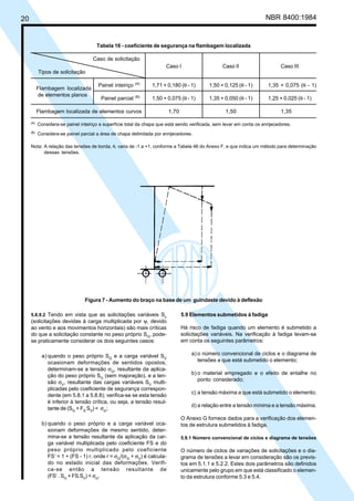 20 NBR 8400:1984
5.8.9.2 Tendo em vista que as solicitações variáveis Sv
(solicitações devidas à carga multiplicada por ψ, devido
ao vento e aos movimentos horizontais) são mais críticas
do que a solicitação constante no peso próprio SG
, pode-
se praticamente considerar os dois seguintes casos:
a) quando o peso próprio SG
e a carga variável SV
ocasionam deformações de sentidos opostos,
determinam-se a tensão σG
, resultante da aplica-
ção do peso próprio SG
(sem majoração), e a ten-
são σV
, resultante das cargas variáveis SV
multi-
plicadas pelo coeficiente de segurança correspon-
dente (em 5.8.1 a 5.8.8); verifica-se se esta tensão
é inferior à tensão crítica, ou seja, a tensão resul-
tante de (SG
+ FS
SV
) < σcr
;
b) quando o peso próprio e a carga variável oca-
sionam deformações de mesmo sentido, deter-
mina-se a tensão resultante da aplicação da car-
ga variável multiplicada pelo coeficiente FS e do
peso próprio multiplicado pelo coeficiente
FS’ = 1 + (FS - 1) r, onde r = σG
/(σG
+ σV
) é calcula-
do no estado inicial das deformações. Verifi-
ca-se então a tensão resultante de
(FS’ . SG
+ FS.SV
) < σcr
.
5.9 Elementos submetidos à fadiga
Há risco de fadiga quando um elemento é submetido a
solicitações variáveis. Na verificação à fadiga levam-se
em conta os seguintes parâmetros:
a) o número convencional de ciclos e o diagrama de
tensões a que está submetido o elemento;
b) o material empregado e o efeito de entalhe no
ponto considerado;
c) a tensão máxima a que está submetido o elemento;
d) a relação entre a tensão mínima e a tensão máxima.
O Anexo G fornece dados para a verificação dos elemen-
tos de estrutura submetidos à fadiga.
5.9.1 Número convencional de ciclos e diagrama de tensões
O número de ciclos de variações de solicitações e o dia-
grama de tensões a levar em consideração são os previs-
tos em 5.1.1 e 5.2.2. Estes dois parâmetros são definidos
unicamente pelo grupo em que está classificado o elemen-
to da estrutura conforme 5.3 e 5.4.
Tabela 16 - coeficiente de segurança na flambagem localizada
Caso de solicitação
Tipos de solicitação
Painel inteiriço (A)
1,71 + 0,180 (θ - 1) 1,50 + 0,125 (θ - 1) 1,35 + 0,075 (θ - 1)
Painel parcial (B)
1,50 + 0,075 (θ - 1) 1,35 + 0,050 (θ - 1) 1,25 + 0,025 (θ - 1)
Flambagem localizada de elementos curvos 1,70 1,50 1,35
(A)
Considera-se painel inteiriço a superfície total da chapa que está sendo verificada, sem levar em conta os enrijecedores.
(B)
Considera-se painel parcial a área de chapa delimitada por enrijecedores.
Nota: A relação das tensões de borda, θ, varia de -1 a +1, conforme a Tabela 46 do Anexo F, e que indica um método para determinação
dessas tensões.
Flambagem localizada
de elementos planos
Caso I Caso II Caso III
Figura 7 - Aumento do braço na base de um guindaste devido à deflexão
Cópia não autorizada
 