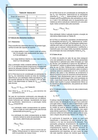 32 NBR 8400:1984
6.7 Cálculo dos elementos mecânicos
6.7.1 Rolamentos
Para a escolha dos rolamentos deve-se, em primeiro lugar,
verificar se eles são capazes de suportar:
a) a carga estática à qual o mesmo pode ser subme-
tido na situação mais desfavorável dos casos I, II
ou III de solicitação; e
b) a carga dinâmica máxima no caso mais desfavo-
rável I ou II de solicitação.
Sob a solicitação média constante definida em 6.7.1.1 e
6.7.1.2, os rolamentos devem proporcionar a duração total
teórica de utilização indicada na Tabela 20 em função da
classe de funcionamento do mecanismo.
6.7.1.1 Para levar-se em consideração as solicitações do
tipo SM
nos rolamentos durante os ciclos de manobras,
determina-se uma solicitação média equivalente SM
mé-
dia suposta aplicada de modo constante, a fim de satis-
fazer à vida determinada na Tabela 20; SM média
é obtida
pela fórmula:
SM média
= K . SM máx. II
(ver Tabela 22)
Nota: Utilizar SM máx. I em vez de SM máx. II para elementos não
submetidos ao vento.
No caso de movimentos combinando uma elevação do
centro de gravidade dos pesos móveis com um desloca-
mento horizontal (por exemplo, levantamento da lança
não equilibrado), determina-se a solicitação média
SM média
compondo-se:
a) a solicitação média correspondente às acelera-
ções e a ação do vento determinada pela fórmula
apresentada acima para SM média
; e
b) a solicitação da média correspondente ao deslo-
camento vertical do centro de gravidade das mas-
sas móveis, determinada pela expressão:
3
SS2 mín.MMmáx.+
Nota: SM máx.
e SM mín.
são os valores máximo e mínimo das soli-
citações correspondentes ao deslocamento vertical do
centro de gravidade das massas móveis.
6.7.1.2 Para levar-se em consideração as solicitações do
tipo SR
nos rolamentos, determinam-se as solicitações
extremas SR máx.
e SR mín.
, desenvolvidas no caso I de so-
licitação para os equipamentos não submetidos ao vento,
ou o caso II de solicitação para os equipamentos sub-
metidos ao vento e calcula-se o rolamento com uma solici-
tação média constante dada pela expressão:
3
SS2
S mín.RRmáx.
Rmédio
+
=
Esta solicitação média é aplicada durante a duração de
vida teórica determinada na Tabela 20.
6.7.1.3 Para os rolamentos submetidos simultaneamente
às solicitações dos tipos SM
e SR
, determinam-se, confor-
me as indicações anteriores, as solicitações médias equi-
valentes para cada um dos tipos de esforços SM
e SR
su-
postos que se exerçam individualmente e escolhe-se o
rolamento para uma carga média equivalente resultante
da combinação das duas solicitações médias SM
e SR
.
6.7.2 Cabos de aço
O critério de escolha do cabo de aço deve assegurar
uma vida satisfatória do mesmo. O método apresentado
nesta Norma é aplicável para cabos formados por mais
de 100 fios, com resistência à ruptura de 160 daN/mm2
a
220 daN/mm2
, polidos ou galvanizados retrefilados, tendo
alma de aço ou fibra. Supõe-se que a lubrificação seja
correta e os diâmetros de enrolamento sobre as polias e
tambores conforme estabelecido em 6.7.3. A escolha do
diâmetro dos cabos e dos diâmetros de enrolamento é
feita em função do grupo de mecanismo de levantamento;
entretanto, para equipamentos para os quais prevê-se
freqüentemente desmontagem (tais como guindastes de
obra), o que impõe trocas de cabo freqüentes, admite-se
efetuar esta escolha no grupo imediatamente inferior ao
do mecanismo de levantamento, não podendo ser inferior
ao grupo 1 Bm.
6.7.2.1 O diâmetro externo mínimo do cabo é determinado
pela fórmula:
TQdc =
O esforço máximo de tração T em daN que atua sobre o
cabo no caso I de solicitação (ou no caso II se o vento tem
uma ação sobre a tração do cabo) é determinado a partir
do esforço estático (incluindo o peso próprio do cabo e
do moitão) ao qual se adiciona o esforço resultante do
atrito nas polias e as forças de aceleração, caso sejam
estas últimas superiores a 10% das cargas verticais; des-
preza-se o efeito da inclinação dos cabos no fim do curso,
caso o ângulo das pernas seja inferior a 45° (Figura 13).
O coeficiente Q depende do grupo no qual está
classificado o mecanismo do cabo (normal ou não-
rotativo) e do tipo de levantamento efetuado. Para
operações perigosas (levantamento de material em
fusão, produtos corrosivos, etc.), escolher Q no grupo
imediatamente superior. Os valores mínimos do
coeficiente Q são dados na Tabela 27. Nos casos de
equipamentos com caçambas, em que o peso da carga
não está repartido sempre de maneira igual entre os
Tabela 26 - Valores de δδδδδ
Grupo de mecanismo δ
1 Bm 1
1 Am 1
2 m 1,06
3 m 1,12
4 m 1,18
5 m 1,25
Cópia não autorizada
 