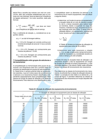 NBR 8400:1984 39
6.8.2.5 Para a escolha dos motores com rotor em curto-
circuito, além das condições estabelecidas para os mo-
tores com rotor bobinado, deve-se determinar a freqüência
de ligação admissível, f, do motor escolhido, dada pela
fórmula:
GD
GDGD
Jonde,
J
cc
f 2
m
2
i
2
mra +
== , que deve ser maior
que a freqüência de ligação real em serviço.
Para o coeficiente de redução, cr
, consideram-se os se-
guintes valores:
a) cr
= 1, se não há frenagem elétrica;
b) cr
= 0,5 a 0,6, frenagem em corrente contínua com
corrente de excitação de cerca de 1,5 vez a corrente
nominal;
c) cr
= 0,4 a 0,5, frenagem em contracorrente para
motores de potência ≥ 15 kW;
d) cr
= 0,3 a 0,4, frenagem em contracorrente para
motores de potência < 15 kW.
7 Compatibilização entre grupos de estruturas e
de mecanismos
A compatibilização ou harmonização entre grupos de es-
truturas e de mecanismos deve ser a primeira etapa do
processo de classificação em grupos de cada equipamen-
to. Desta forma, é sempre possível obter-se equipamen-
tos coerentes, o que em muitos casos não aconteceria se
a estrutura e os mecanismos fossem classificados inde-
pendente e separadamente. Essa compatibilização é feita
apenas em função da classe de utilização e da classe de
funcionamento. Para relacionar uma classificação à outra
e compatibilizar assim os elementos de estrutura e de
mecanismos de um mesmo equipamento, deve-se utilizar
a seguinte diretriz:
a) determinar, em função do serviço do equipamento,
a duração média de um ciclo de manobra comple-
to, isto é, o tempo necessário para realizar todas
as manobras, desde a suspensão da carga até,
inclusive, a retirada da carga, excluindo-se as pau-
sas eventuais entre dois ciclos. O tempo total de
utilização efetiva te
do equipamento, expresso em
horas, durante sua vida, é dado pela fórmula:
3600
t.N
t sx
e =
A Tabela 34 fornece as durações de utilização do
equipamento para ciclos de 30 s a 480 s;
b) determinar para cada mecanismo a relação
αi
= tc
/ts
, ou seja, a razão entre o tempo de funciona-
mento do mecanismo (tc
) considerado durante um
ciclo e o tempo ts
do ciclo completo.
A Tabela 35 indica as durações totais de utilização ti
do
mecanismo durante a vida do equipamento em função
da duração de utilização do próprio equipamento te
e das
diferentes relações αi
. Na mesma Tabela, estão indicadas
também as classes de funcionamento dos mecanismos.
Para determinar as classes de funcionamento dos meca-
nismos, é suficiente fixar a classe de utilização através da
Tabela 1, a duração do ciclo médio e os valores de αi
. As
curvas da Figura 17 permitem determinar as classes de
funcionamento dos mecanismos em função daqueles três
parâmetros.
Tabela 34 - Duração de utilização dos equipamentos de levantamento
T = Duração de utilização do equipamento para as classes de utilização
t
Tempo médio de um ciclo A B C D
(s) Nx
= 6,3.104
ciclos Nx
= 2.105
ciclos Nx
= 6,3.105
ciclos Nx
= 2.106
ciclos
(h) (h) (h) (h)
30 530 1660 5300 16600
60 1050 3320 10500 33200
75 1320 4200 13200 42000
95 1660 5300 16600 53000
120 2100 6650 21000 66500
150 2650 8400 26500 84000
190 3320 10500 33200
240 4200 13200 42000
300 5300 16600 53000 > 84000
380 6650 21000 66500
480 8400 26600 84000
Cópia não autorizada
 