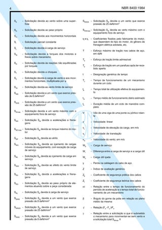 4 NBR 8400:1984
SA
- Solicitação devida ao vento sobre uma super-
fície
SG
- Solicitação devida ao peso próprio
SH
- Solicitação devida aos movimentos horizontais
SI
- Solicitação parcial constante
SL
- Solicitação devida à carga de serviço
SM
- Solicitação devida a torques dos motores e
freios sobre mecanismo
SR
- Solicitação devida às reações não equilibradas
por torques
ST
- Solicitação devida a choques
SV
- Solicitação devida à carga de vento e aos movi-
mentos horizontais, multiplicada por ψ
SW
- Solicitação devida ao vento limite de serviço
SW8
- Solicitação devida a um vento que exerce pres-
são de 8 daN/mm2
SW25
- Solicitação devida a um vento que exerce pres-
são de 25 daN/mm2
SWmáx.
- Solicitação devida a um vento máximo com o
equipamento fora de serviço
SMA
- Solicitação SM
devida a acelerações e frena-
gens
SMCmáx.
- Solicitação SM
devida ao torque máximo do mo-
tor
SMF
- Solicitação SM
devida ao atrito
SMG
- Solicitação SM
devida ao içamento de cargas
móveis do equipamento, com exceção da carga
de serviço
SML
- Solicitação SM
devida ao içamento da carga em
serviço
SMW
- Solicitação SM
devida ao efeito do vento limite
de serviço
SRA
- Solicitação SR
devida a acelerações e frena-
gens
SRG
- Solicitação SR
devida ao peso próprio de ele-
mentos atuando sobre a peça considerada
SRL
- Solicitação SR
devida à carga de serviço
SMW8
- Solicitação SM
devida a um vento que exerce
pressão de 8 daN/mm2
SMW25
- Solicitação SM
devida a um vento que exerce
pressão de 25 daN/mm2
SRW8
- Solicitação SR
devida a um vento que exerce
pressão de 8 daN/mm2
SRW25
- Solicitação SR
devida a um vento que exerce
pressão de 25 daN/mm2
SRWmáx.
- Solicitação SR
devida ao verto máximo com o
equipamento fora de serviço
si
e sf
- Coeficientes fixados pelo fabricante do motor,
que dependem do tipo do motor, do gênero de
frenagem elétrica adotada, etc.
T - Esforço máximo de tração nos cabos de aço,
em daN
Ta
- Esforço de tração limite admissível
Tp
- Esforço de tração em um parafuso após ter rece-
bido aperto
t - Designação genérica de tempo
Tc
- Tempo de funcionamento de um mecanismo
durante um ciclo
te
- Tempo total de utilização efetiva do equipamen-
to
tm
- Tempo médio de funcionamento diário estimado
ts
- Duração média de um ciclo de manobra com-
pleto
V - Vão de uma viga de uma ponte ou pórtico rolan-
te
v - Velocidade linear
vL
- Velocidade de elevação da carga, em m/s
vt
- Velocidade de translação
vw
- Velocidade do vento, em m/s
WS
- Carga de serviço
Wi
- Diferença entre a carga de serviço e a carga útil
Wu
- Carga útil içada
y - Perda na cablagem do cabo de aço
Z - Índice de avaliação genérico
Zp
- Coeficiente de segurança prática dos cabos
Zt
- Coeficiente de segurança teórica dos cabos
αi - Relação entre o tempo de funcionamento do
período de aceleração e o tempo total de funcio-
namento de um mecanismo
β - Ângulo do gorne da polia em relação ao plano
médio da mesma
Γ - Relação (Fs
- Fu
)/Fs
γ - Relação entre a solicitação a que é submetido
o mecanismo para movimentar-se sem vento e
a solicitação total SMmáx.
II
Cópia não autorizada
 