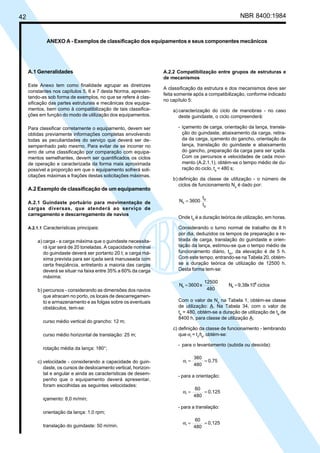 42 NBR 8400:1984
A.1 Generalidades
Este Anexo tem como finalidade agrupar as diretrizes
constantes nos capítulos 5, 6 e 7 desta Norma, apresen-
tando-as sob forma de exemplos, no que se refere à clas-
sificação das partes estruturais e mecânicas dos equipa-
mentos, bem como à compatibilização de tais classifica-
ções em função do modo de utilização dos equipamentos.
Para classificar corretamente o equipamento, devem ser
obtidas previamente informações completas envolvendo
todas as peculiaridades do serviço que deverá ser de-
sempenhado pelo mesmo. Para evitar de se incorrer no
erro de uma classificação por comparação com equipa-
mentos semelhantes, devem ser quantificados os ciclos
de operação e caracterizada da forma mais aproximada
possível a proporção em que o equipamento sofrerá soli-
citações máximas e frações destas solicitações máximas.
A.2 Exemplo de classificação de um equipamento
A.2.1 Guindaste portuário para movimentação de
cargas diversas, que atenderá ao serviço de
carregamento e descarregamento de navios
A.2.1.1 Características principais:
a) carga - a carga máxima que o guindaste necessita-
rá içar será de 20 toneladas. A capacidade nominal
do guindaste deverá ser portanto 20 t; a carga má-
xima prevista para ser içada será manuseada com
certa freqüência, entretanto a maioria das cargas
deverá se situar na faixa entre 35% a 60% da carga
máxima;
b) percursos - considerando as dimensões dos navios
que atracam no porto, os locais de descarregamen-
to e armazenamento e as folgas sobre os eventuais
obstáculos, tem-se:
curso médio vertical do grancho: 12 m;
curso médio horizontal de translação: 25 m;
rotação média da lança: 180°;
c) velocidade - considerando a capacidade do guin-
daste, os cursos de deslocamento vertical, horizon-
tal e angular e ainda as características de desem-
penho que o equipamento deverá apresentar,
foram escolhidas as seguintes velocidades:
içamento: 8,0 m/min;
orientação da lança: 1,0 rpm;
translação do guindaste: 50 m/min.
A.2.2 Compatibilização entre grupos de estruturas e
de mecanismos
A classificação da estrutura e dos mecanismos deve ser
feita somente após a compatibilização, conforme indicado
no capítulo 5:
a) caracterização do ciclo de manobras - no caso
deste guindaste, o ciclo compreenderá:
- içamento de carga, orientação da lança, transla-
ção do guindaste, abaixamento da carga, retira-
da da carga, içamento do gancho, orientação da
lança, translação do guindaste e abaixamento
do gancho, preparação da carga para ser içada.
Com os percursos e velocidades de cada movi-
mento (A.2.1.1), obtém-se o tempo médio de du-
ração do ciclo, ts
= 480 s;
b) definição da classe de utilização - o número de
ciclos de funcionamento Nx
é dado por:
t
t
3600N
s
d
x =
Onde td
é a duração teórica de utilização, em horas.
Considerando o turno normal de trabalho de 8 h
por dia, deduzidos os tempos de preparação e re-
tirada de carga, translação do guindaste e orien-
tação da lança, estimou-se que o tempo médio de
funcionamento diário, tm
, da elevação é de 5 h.
Com este tempo, entrando-se na Tabela 20, obtém-
se a duração teórica de utilização de 12500 h.
Desta forma tem-se:
ciclos10x9,38N
480
12500
x3600N 4
xx ==
Com o valor de Nx
na Tabela 1, obtém-se classe
de utilização: A. Na Tabela 34, com o valor de
ts
= 480, obtém-se a duração de utilização de te
de
8400 h, para classe de utilização A;
c) definição da classe de funcionamento - lembrando
que αi
= tc
/ts
, obtém-se:
- para o levantamento (subida ou descida):
0,75
480
360
i ==α
- para a orientação:
0,125
480
60
i ==α
- para a translação:
0,125
480
60
i ==α
ANEXO A - Exemplos de classificação dos equipamentos e seus componentes mecânicos
Cópia não autorizada
 