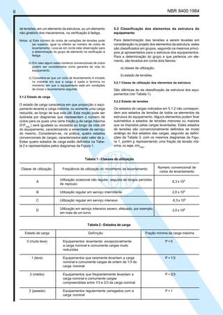 6 NBR 8400:1984
Tabela 2 - Estados de carga
Estado de carga Definição Fração mínima da carga máxima
0 (muito leve) Equipamentos levantando excepcionalmente P = 0
a carga nominal e comumente cargas muito
reduzidas
1 (leve) Equipamentos que raramente levantam a carga P = 1/3
nominal e comumente cargas de ordem de 1/3 da
carga nominal
2 (médio) Equipamentos que freqüentemente levantam a P = 2/3
carga nominal e comumente cargas
compreendidas entre 1/3 e 2/3 da carga nominal
3 (pesado) Equipamentos regularmente carregados com a P = 1
carga nominal
5.2 Classificação dos elementos da estrutura do
equipamento
Para determinação das tensões a serem levadas em
consideração no projeto dos elementos da estrutura, estes
são classificados em grupos, seguindo os mesmos princí-
pios já apresentados para a estrutura dos equipamentos.
Para a determinação do grupo a que pertence um ele-
mento, são levados em conta dois fatores:
a) classe de utilização;
b) estado de tensões.
5.2.1 Classe de utilização dos elementos da estrutura
São idênticas às da classificação da estrutura dos equi-
pamentos (ver Tabela 1).
5.2.2 Estado de tensões
Os estados de cargas indicados em 5.1.2 não correspon-
dem aos estados de tensões de todos os elementos da
estrutura do equipamento. Alguns elementos podem ficar
submetidos a estados de tensões menores ou maiores
que os impostos pelas cargas levantadas. Estes estados
de tensões são convencionalmente definidos de modo
análogo ao dos estados das cargas, segundo as defini-
ções da Tabela 3, com os mesmos diagramas da Figu-
ra 1, porém p representando uma fração de tensão má-
xima, ou seja, σ/σmáx.
.
de tensões, em um elemento da estrutura, ou um elemento
não giratório dos mecanismos, na verificação à fadiga.
Notas: a) Este número de ciclos de variações de tensões pode
ser superior, igual ou inferior ao número de ciclos de
levantamento. Leva-se em conta esta observação para
a determinação do grupo de elemento na verificação à
fadiga.
b) Em caso algum estes números convencionais de ciclos
podem ser considerados como garantia da vida do
equipamento.
c) Considera-se que um ciclo de levantamento é iniciado
no instante em que a carga é içada e termina no
momento em que o equipamento está em condições
de iniciar o levantamento seguinte.
5.1.2 Estado de carga
O estado de carga caracteriza em que proporção o equi-
pamento levanta a carga máxima, ou somente uma carga
reduzida, ao longo de sua vida útil. Esta noção pode ser
ilustrada por diagramas que representam o número de
ciclos para os quais uma certa fração p da carga máxima
(F/Fmáx.
) será igualada ou excedida ao longo da vida útil
do equipamento, caracterizando a severidade de serviço
do mesmo. Consideram-se, na prática, quatro estados
convencionais de cargas, caracterizados pelo valor de p.
Estes quatro estados de carga estão definidos na Tabe-
la 2 e representados pelos diagramas da Figura 1.
Tabela 1 - Classes de utilização
Numero convencional de
ciclos de levantamento
Utilização ocasional não regular, seguida de longos períodos
de repouso
B Utilização regular em serviço intermitente 2,0 x 105
C Utilização regular em serviço intensivo 6,3 x 105
Utilização em serviço intensivo severo, efetuado, por exemplo,
em mais de um turno
Classe de utilização Freqüência de utilização do movimento de levantamento
A 6,3 x 104
D 2,0 x 106
Cópia não autorizada
 
