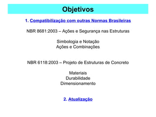 Objetivos
1. Compatibilização com outras Normas Brasileiras
NBR 8681:2003 – Ações e Segurança nas Estruturas
Simbologia e Notação
Ações e Combinações
NBR 6118:2003 – Projeto de Estruturas de Concreto
Materiais
Durabilidade
Dimensionamento
2. Atualização
 