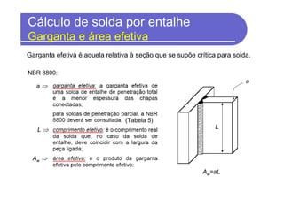 Cálculo de solda por entalhe
Garganta e área efetiva
Garganta efetiva é aquela relativa à seção que se supõe crítica para solda.
NBR 8800:
(Tabela 5)
L ⇒
Aw=aL
a ⇒
Aw ⇒
L
a
 