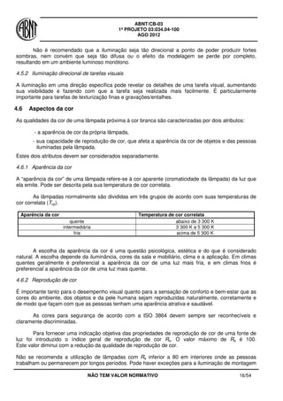 ABNT/CB-03
1º PROJETO 03:034.04-100
AGO 2012
NÃO TEM VALOR NORMATIVO 16/54
Não é recomendado que a iluminação seja tão direcional a ponto de poder produzir fortes
sombras, nem convém que seja tão difusa ou o efeito da modelagem se perde por completo,
resultando em um ambiente luminoso monótono.
4.5.2 Iluminação direcional de tarefas visuais
A iluminação em uma direção específica pode revelar os detalhes de uma tarefa visual, aumentando
sua visibilidade e fazendo com que a tarefa seja realizada mais facilmente. É particularmente
importante para tarefas de texturização finas e gravações/entalhes.
4.6 Aspectos da cor
As qualidades da cor de uma lâmpada próxima à cor branca são caracterizadas por dois atributos:
- a aparência de cor da própria lâmpada,
- sua capacidade de reprodução de cor, que afeta a aparência da cor de objetos e das pessoas
iluminadas pela lâmpada.
Estes dois atributos devem ser considerados separadamente.
4.6.1 Aparência da cor
A “aparência da cor” de uma lâmpada refere-se à cor aparente (cromaticidade da lâmpada) da luz que
ela emite. Pode ser descrita pela sua temperatura de cor correlata.
As lâmpadas normalmente são divididas em três grupos de acordo com suas temperaturas de
cor correlata (Tcp).
Aparência da cor Temperatura de cor correlata
quente abaixo de 3 300 K
intermediária 3 300 K a 5 300 K
fria acima de 5 300 K
A escolha da aparência da cor é uma questão psicológica, estética e do que é considerado
natural. A escolha depende da iluminância, cores da sala e mobiliário, clima e a aplicação. Em climas
quentes geralmente é preferencial a aparência da cor de uma luz mais fria, e em climas frios é
preferencial a aparência da cor de uma luz mais quente.
4.6.2 Reprodução de cor
É importante tanto para o desempenho visual quanto para a sensação de conforto e bem-estar que as
cores do ambiente, dos objetos e da pele humana sejam reproduzidas naturalmente, corretamente e
de modo que façam com que as pessoas tenham uma aparência atrativa e saudável.
As cores para segurança de acordo com a ISO 3864 devem sempre ser reconhecíveis e
claramente discriminadas.
Para fornecer uma indicação objetiva das propriedades de reprodução de cor de uma fonte de
luz foi introduzido o índice geral de reprodução de cor Ra. O valor máximo de Ra é 100.
Este valor diminui com a redução da qualidade de reprodução de cor.
Não se recomenda a utilização de lâmpadas com Ra inferior a 80 em interiores onde as pessoas
trabalham ou permanecem por longos períodos. Pode haver exceções para a iluminação de montagem
 