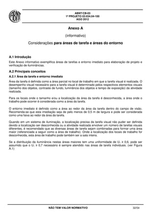 ABNT/CB-03
1º PROJETO 03:034.04-100
AGO 2012
NÃO TEM VALOR NORMATIVO 32/54
Anexo A
(informativo)
Considerações para áreas de tarefa e áreas do entorno
A.1 Introdução
Este Anexo informativo exemplifica áreas de tarefas e entorno imediato para elaboração de projeto e
verificação de iluminâncias.
A.2 Principais conceitos
A.2.1 Área da tarefa e entorno imediato
Área da tarefa é definida como a área parcial no local de trabalho em que a tarefa visual é realizada. O
desempenho visual necessário para a tarefa visual é determinado pelos respectivos elementos visuais
(tamanho dos objetos, contraste de fundo, luminância dos objetos e tempo de exposição) da atividade
realizada.
Para os locais onde o tamanho e/ou a localização da área da tarefa é desconhecida, a área onde o
trabalho pode ocorrer é considerada como a área da tarefa.
O entorno imediato é definido como a área ao redor da área da tarefa dentro do campo de visão.
Recomenda-se que esta imediação seja de pelo menos de 0,5 m de largura e pode ser considerada
como uma faixa ao redor da área da tarefa.
Quando em um sistema de iluminação, a localização precisa da tarefa visual não puder ser definida
devido a localização ser desconhecida ou a atividade realizada envolver um número de tarefas visuais
diferentes, é recomendado que as diversas áreas de tarefa sejam combinadas para formar uma área
maior (referenciada a seguir como a área de trabalho). Onde a localização dos locais de trabalho for
desconhecida, esta área de trabalho pode também ser a sala inteira.
Se a distribuição da iluminância nestas áreas maiores tem uma uniformidade de U1 ≥ 0,6, pode ser
assumido que o U1 ≥ 0,7 necessário é sempre atendido nas áreas de tarefa individuais. (ver Figura
A.1)
 