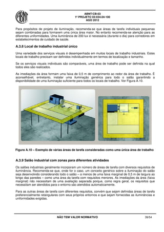 ABNT/CB-03
1º PROJETO 03:034.04-100
AGO 2012
NÃO TEM VALOR NORMATIVO 39/54
Para propósitos de projeto de iluminação, recomenda-se que áreas de tarefa individuais pequenas
sejam combinadas para formarem uma única área maior. No entanto recomenda-se atenção para as
diferentes uniformidades. Uma iluminância de 200 lux é necessária (durante o dia) para corredores em
estabelecimentos de cuidado de saúde.
A.3.8 Local de trabalho industrial único
Uma variedade dos serviços visuais é desempenhada em muitos locais de trabalho industriais. Estes
locais de trabalho precisam ser definidos individualmente em termos de localização e tamanho.
Se os serviços visuais individuais são comparáveis, uma área de trabalho pode ser definida na qual
todos eles são realizados.
As imediações da área formam uma faixa de 0,5 m de comprimento ao redor da área de trabalho. É
aconselhável, entretanto, instalar uma iluminação genérica para todo o salão garantindo a
disponibilidade de uma iluminação suficiente para todos os locais de trabalho. Ver Figura A.10.
Figura A.10 – Exemplo de várias áreas de tarefa consideradas como uma única área de trabalho
A.3.9 Salão industrial com zonas para diferentes atividades
Os salões industriais geralmente incorporam um número de áreas de tarefa com diversos requisitos de
iluminância. Recomenda-se que, onde for o caso, um conceito genérico sobre a iluminação do salão
seja desenvolvido considerando todo o salão – a menos de uma faixa marginal de 0,5 m de largura ao
longo das paredes – como uma área da tarefa com requisitos menores. As imediações da área (faixa
marginal) não necessitam de uma avaliação separada porque, como regra geral, os requisitos que
necessitam ser atendidos para o entorno são atendidos automaticamente.
Para as outras áreas de tarefa com diferentes requisitos, convém que sejam definidas áreas de tarefa
preferencialmente retangulares com seus próprios entornos e que sejam fornecidas as iluminâncias e
uniformidades exigidas.
 