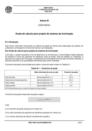 ABNT/CB-03
1º PROJETO 03:034.04-100
AGO 2012
NÃO TEM VALOR NORMATIVO 40/54
Anexo B
(informativo)
Grade de cálculo para projeto do sistema de iluminação
B.1 Introdução
Este Anexo informativo recomenda os critérios da grade de cálculo para elaboração de projetos em
softwares e verificação do nível de iluminância nas instalações.
B.2 Grade de cálculo para projeto do sistema de iluminação
A princípio, a grade necessária a fim de determinar as iluminâncias e uniformidades médias depende
do tamanho e forma da superfície de referência (área da tarefa, local de trabalho ou arredores), a
geometria do sistema de iluminação, a distribuição da intensidade luminosa das luminárias utilizadas, a
precisão requerida e as quantidades fotométricas para serem avaliadas.
O tamanho de grade recomendado para salas e zonas de salas é dado na Tabela B.1.
Tabela B.1 – Tamanhos de grade
Maior dimensão da zona ou sala
d
Tamanho da grade
p
Área da tarefa Aproximadamente 1 m 0,2 m
Salas/zonas de salas pequenas Aproximadamente 5 m 0,6 m
Salas médias Aproximadamente 10 m 1 m
Salas grandes Aproximadamente 50 m 3 m
NOTA Recomenda-se que o tamanho de grade não seja excedido.
O tamanho da grade é dado pela equação a seguir:
onde
p é o tamanho da grade expresso em metros (m)
d é a maior dimensão da superfície de referência expressa em metros (m)
n é o número de pontos de cálculo considerando a grade p
 
