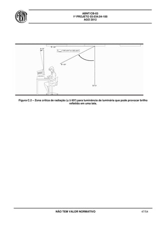 ABNT/CB-03
1º PROJETO 03:034.04-100
AGO 2012
NÃO TEM VALOR NORMATIVO 47/54
Figura C.2 – Zona crítica de radiação (γ ≥ 65º) para luminância de luminária que pode provocar brilho
refletido em uma tela.
 