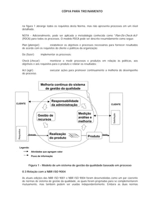 CÓPIA PARA TREINAMENTO




              na figura 1 abrange todos os requisitos desta Norma, mas não apresenta processos em um nível
              detalhado.

              NOTA - Adicionalmente, pode ser aplicada a metodologia conhecida como "Plan-Do-Check-Act”
              (PDCA) para todos os processos. O modelo PDCA pode ser descrito resumidamente como segue:

              Plan (planejar):       estabelecer os objetivos e processos necessários para fornecer resultados
              de acordo com os requisitos do cliente e políticas da organização;

              Do (fazer):     implementar os processos;

              Check (checar):          monitorar e medir processos e produtos em relação às políticas, aos
              objetivos e aos requisitos para o produto e relatar os resultados;

              Act (agir):            executar ações para promover continuamente a melhoria do desempenho
              do processo.



                              Melhoria contínua do sistema
                                de gestão da qualidade


                                       Responsabilidade
CLIENTE                                                                                 CLIENTE
                                       da administração

                                                            Medição                      Satisfação
                             Gestão de
                                                            análise e
                             recursos
                                                            melhoria
 Requisitos




                   Entrada           Realização                                 Saída
                                     do produto                     Produto


     Legenda:
                     Atividades que agregam valor

                     Fluxo de informação



                   Figura 1 - Modelo de um sistema de gestão da qualidade baseado em processo

              0.3 Relação com a NBR ISO 9004

              As atuais edições das NBR ISO 9001 e NBR ISO 9004 foram desenvolvidas como um par coerente
              de normas de sistema de gestão da qualidade, as quais foram projetadas para se complementarem
              mutuamente, mas também podem ser usadas independentemente. Embora as duas normas
 