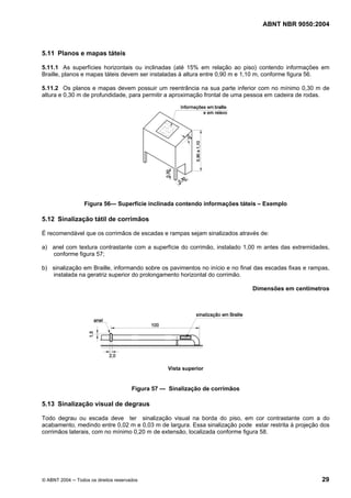 ABNT NBR 9050:2004 
5.11 Planos e mapas táteis 
5.11.1 As superfícies horizontais ou inclinadas (até 15% em relação ao piso) contendo informações em 
Braille, planos e mapas táteis devem ser instaladas à altura entre 0,90 m e 1,10 m, conforme figura 56. 
5.11.2 Os planos e mapas devem possuir um reentrância na sua parte inferior com no mínimo 0,30 m de 
altura e 0,30 m de profundidade, para permitir a aproximação frontal de uma pessoa em cadeira de rodas. 
Figura 56— Superfície inclinada contendo informações táteis – Exemplo 
5.12 Sinalização tátil de corrimãos 
É recomendável que os corrimãos de escadas e rampas sejam sinalizados através de: 
a) anel com textura contrastante com a superfície do corrimão, instalado 1,00 m antes das extremidades, 
conforme figura 57; 
b) sinalização em Braille, informando sobre os pavimentos no início e no final das escadas fixas e rampas, 
instalada na geratriz superior do prolongamento horizontal do corrimão. 
Dimensões em centímetros 
Vista superior 
Figura 57 — Sinalização de corrimãos 
5.13 Sinalização visual de degraus 
Todo degrau ou escada deve ter sinalização visual na borda do piso, em cor contrastante com a do 
acabamento, medindo entre 0,02 m e 0,03 m de largura. Essa sinalização pode estar restrita à projeção dos 
corrimãos laterais, com no mínimo 0,20 m de extensão, localizada conforme figura 58. 
© ABNT 2004 ─ Todos os direitos reservados 29 
 
