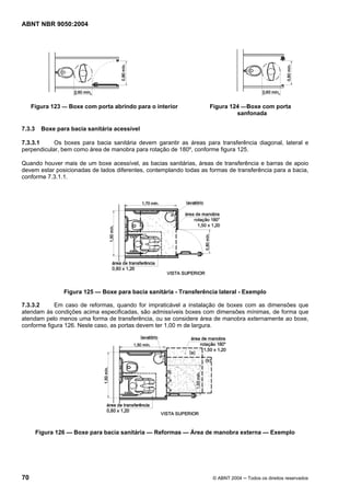 ABNT NBR 9050:2004 
Figura 123 — Boxe com porta abrindo para o interior Figura 124 — Boxe com porta 
sanfonada 
7.3.3 Boxe para bacia sanitária acessível 
7.3.3.1 Os boxes para bacia sanitária devem garantir as áreas para transferência diagonal, lateral e 
perpendicular, bem como área de manobra para rotação de 180º, conforme figura 125. 
Quando houver mais de um boxe acessível, as bacias sanitárias, áreas de transferência e barras de apoio 
devem estar posicionadas de lados diferentes, contemplando todas as formas de transferência para a bacia, 
conforme 7.3.1.1. 
Figura 125 — Boxe para bacia sanitária - Transferência lateral - Exemplo 
7.3.3.2 Em caso de reformas, quando for impraticável a instalação de boxes com as dimensões que 
atendam às condições acima especificadas, são admissíveis boxes com dimensões mínimas, de forma que 
atendam pelo menos uma forma de transferência, ou se considere área de manobra externamente ao boxe, 
conforme figura 126. Neste caso, as portas devem ter 1,00 m de largura. 
Figura 126 — Boxe para bacia sanitária — Reformas — Área de manobra externa — Exemplo 
70 © ABNT 2004 ─ Todos os direitos reservados 
 