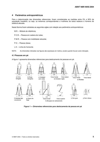 ABNT NBR 9050:2004

4

Parâmetros antropométricos

Para a determinação das dimensões referenciais, foram consideradas as medidas entre 5% a 95% da
população brasileira, ou seja, os extremos correspondentes a mulheres de baixa estatura e homens de
estatura elevada.
Nesta Norma foram adotadas as seguintes siglas com relação aos parâmetros antropométricos:
M.R. – Módulo de referência;
P.C.R. – Pessoa em cadeira de rodas;
P.M.R. – Pessoa com mobilidade reduzida;
P.O. – Pessoa obesa;
L.H. – Linha do horizonte.
NOTA

As dimensões indicadas nas figuras são expressas em metros, exceto quando houver outra indicação.

4.1 Pessoas em pé
A figura 1 apresenta dimensões referenciais para deslocamento de pessoas em pé.

Figura 1 — Dimensões referenciais para deslocamento de pessoa em pé

© ABNT 2004 ─ Todos os direitos reservados

5

 