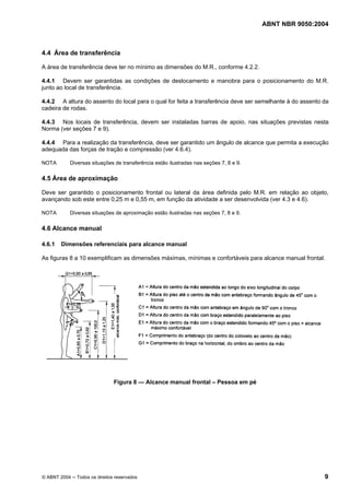 ABNT NBR 9050:2004

4.4 Área de transferência
A área de transferência deve ter no mínimo as dimensões do M.R., conforme 4.2.2.
4.4.1 Devem ser garantidas as condições de deslocamento e manobra para o posicionamento do M.R.
junto ao local de transferência.
4.4.2 A altura do assento do local para o qual for feita a transferência deve ser semelhante à do assento da
cadeira de rodas.
4.4.3 Nos locais de transferência, devem ser instaladas barras de apoio, nas situações previstas nesta
Norma (ver seções 7 e 9).
4.4.4 Para a realização da transferência, deve ser garantido um ângulo de alcance que permita a execução
adequada das forças de tração e compressão (ver 4.6.4).
NOTA

Diversas situações de transferência estão ilustradas nas seções 7, 8 e 9.

4.5 Área de aproximação
Deve ser garantido o posicionamento frontal ou lateral da área definida pelo M.R. em relação ao objeto,
avançando sob este entre 0,25 m e 0,55 m, em função da atividade a ser desenvolvida (ver 4.3 e 4.6).
NOTA

Diversas situações de aproximação estão ilustradas nas seções 7, 8 e 9.

4.6 Alcance manual
4.6.1

Dimensões referenciais para alcance manual

As figuras 8 a 10 exemplificam as dimensões máximas, mínimas e confortáveis para alcance manual frontal.

Figura 8 — Alcance manual frontal – Pessoa em pé

© ABNT 2004 ─ Todos os direitos reservados

9

 