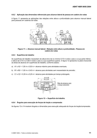 ABNT NBR 9050:2004

4.6.2

Aplicação das dimensões referenciais para alcance lateral de pessoa em cadeira de rodas

A figura 11 apresenta as aplicações das relações entre altura e profundidade para alcance manual lateral
para pessoas em cadeiras de rodas.

Figura 11 — Alcance manual lateral - Relação entre altura e profundidade - Pessoa em
cadeira de rodas
4.6.3

Superfície de trabalho

As superfícies de trabalho necessitam de altura livre de no mínimo 0,73 m entre o piso e a sua parte inferior,
e altura de 0,75 m a 0,85 m entre o piso e a sua superfície superior. A figura 12 apresenta no plano horizontal
as áreas de alcance em superfícies de trabalho, conforme abaixo:
a) A1 x A2 = 1,50 m x 0,50 m = alcance máximo para atividades eventuais;
b) B1 x B2 = 1,00 m x 0,40 m = alcance para atividades sem necessidade de precisão;
c) C1 x C2 = 0,35 m x 0,25 m = alcance para atividades por tempo prolongado.

Figura 12 — Superfície de trabalho
4.6.4

Ângulos para execução de forças de tração e compressão

As figuras 13 e 14 mostram ângulos e dimensões para execução adequada de forças de tração/compressão.

© ABNT 2004 ─ Todos os direitos reservados

11

 