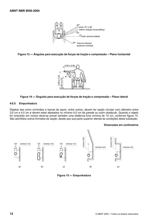 ABNT NBR 9050:2004

Figura 13 — Ângulos para execução de forças de tração e compressão – Plano horizontal

Figura 14 — Ângulos para execução de forças de tração e compressão – Plano lateral
4.6.5

Empunhadura

Objetos tais como corrimãos e barras de apoio, entre outros, devem ter seção circular com diâmetro entre
3,0 cm e 4,5 cm e devem estar afastados no mínimo 4,0 cm da parede ou outro obstáculo. Quando o objeto
for embutido em nichos deve-se prever também uma distância livre mínima de 15 cm, conforme figura 15.
São admitidos outros formatos de seção, desde que sua parte superior atenda às condições desta subseção.
Dimensões em centímetros

Figura 15 — Empunhadura

12

© ABNT 2004 ─ Todos os direitos reservados

 