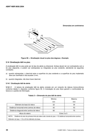 ABNT NBR 9050:2004

Dimensões em centímetros

Figura 58 — Sinalização visual no piso dos degraus - Exemplo

5.14 Sinalização tátil no piso
A sinalização tátil no piso pode ser do tipo de alerta ou direcional. Ambas devem ter cor contrastante com a
do piso adjacente, e podem ser sobrepostas ou integradas ao piso existente, atendendo às seguintes
condições:
a) quando sobrepostas, o desnível entre a superfície do piso existente e a superfície do piso implantado
deve ser chanfrado e não exceder 2 mm;
b) quando integradas, não deve haver desnível.
5.14.1 Sinalização tátil de alerta
5.14.1.1
A textura da sinalização tátil de alerta consiste em um conjunto de relevos tronco-cônicos
conforme tabela 3, dispostos conforme figura 59. A modulação do piso deve garantir a continuidade de
textura e o padrão de informação.
Tabela 3 — Dimensão do piso tátil de alerta
Mínimo

Máximo

mm

mm

Diâmetro de base do relevo

22

30

Distância horizontal entre centros de relevo

42

53

Distância diagonal entre centros de relevo

60

75

Altura do relevo
NOTA

Entre 3 e 5

Distância do eixo da primeira linha de relevo até a borda do piso = 1/2 distância horizontal entre centros.

Diâmetro do topo = 1/2 a 2/3 do diâmetro da base.

30

© ABNT 2004 ─ Todos os direitos reservados

 