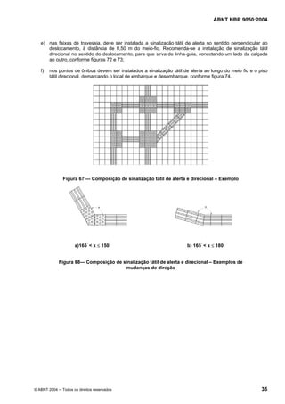 ABNT NBR 9050:2004

e) nas faixas de travessia, deve ser instalada a sinalização tátil de alerta no sentido perpendicular ao
deslocamento, à distância de 0,50 m do meio-fio. Recomenda-se a instalação de sinalização tátil
direcional no sentido do deslocamento, para que sirva de linha-guia, conectando um lado da calçada
ao outro, conforme figuras 72 e 73;
f)

nos pontos de ônibus devem ser instalados a sinalização tátil de alerta ao longo do meio fio e o piso
tátil direcional, demarcando o local de embarque e desembarque, conforme figura 74.

Figura 67 — Composição de sinalização tátil de alerta e direcional – Exemplo

a)165° < x ≤ 150°

b) 165° < x ≤ 180°

Figura 68— Composição de sinalização tátil de alerta e direcional – Exemplos de
mudanças de direção

© ABNT 2004 ─ Todos os direitos reservados

35

 