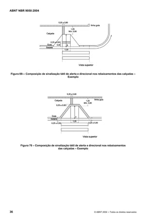 ABNT NBR 9050:2004

Figura 69— Composição de sinalização tátil de alerta e direcional nos rebaixamentos das calçadas –
Exemplo

Figura 70 – Composição de sinalização tátil de alerta e direcional nos rebaixamentos
das calçadas – Exemplo

36

© ABNT 2004 ─ Todos os direitos reservados

 