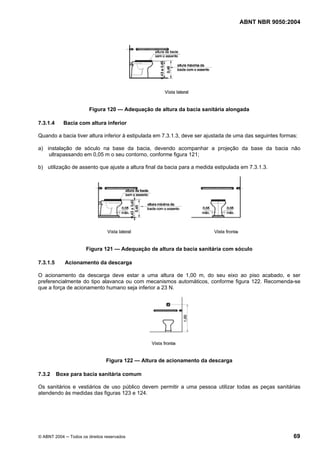ABNT NBR 9050:2004

Figura 120 — Adequação de altura da bacia sanitária alongada
7.3.1.4

Bacia com altura inferior

Quando a bacia tiver altura inferior à estipulada em 7.3.1.3, deve ser ajustada de uma das seguintes formas:
a) instalação de sóculo na base da bacia, devendo acompanhar a projeção da base da bacia não
ultrapassando em 0,05 m o seu contorno, conforme figura 121;
b) utilização de assento que ajuste a altura final da bacia para a medida estipulada em 7.3.1.3.

Figura 121 — Adequação de altura da bacia sanitária com sóculo
7.3.1.5

Acionamento da descarga

O acionamento da descarga deve estar a uma altura de 1,00 m, do seu eixo ao piso acabado, e ser
preferencialmente do tipo alavanca ou com mecanismos automáticos, conforme figura 122. Recomenda-se
que a força de acionamento humano seja inferior a 23 N.

Figura 122 — Altura de acionamento da descarga
7.3.2

Boxe para bacia sanitária comum

Os sanitários e vestiários de uso público devem permitir a uma pessoa utilizar todas as peças sanitárias
atendendo às medidas das figuras 123 e 124.

© ABNT 2004 ─ Todos os direitos reservados

69

 