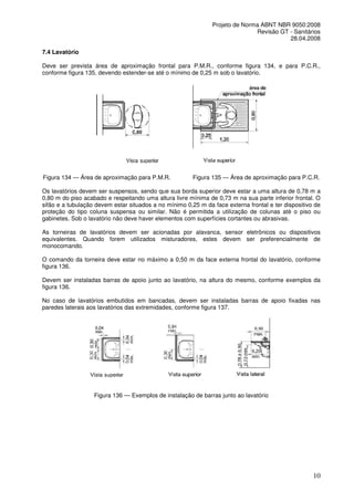 Projeto de Norma ABNT NBR 9050:2008
Revisão GT - Sanitários
28.04.2008
7.4 Lavatório
Deve ser prevista área de aproximação frontal para P.M.R., conforme figura 134, e para P.C.R.,
conforme figura 135, devendo estender-se até o mínimo de 0,25 m sob o lavatório.

Figura 134 — Área de aproximação para P.M.R.

Figura 135 — Área de aproximação para P.C.R.

Os lavatórios devem ser suspensos, sendo que sua borda superior deve estar a uma altura de 0,78 m a
0,80 m do piso acabado e respeitando uma altura livre mínima de 0,73 m na sua parte inferior frontal. O
sifão e a tubulação devem estar situados a no mínimo 0,25 m da face externa frontal e ter dispositivo de
proteção do tipo coluna suspensa ou similar. Não é permitida a utilização de colunas até o piso ou
gabinetes. Sob o lavatório não deve haver elementos com superfícies cortantes ou abrasivas.
As torneiras de lavatórios devem ser acionadas por alavanca, sensor eletrônicos ou dispositivos
equivalentes. Quando forem utilizados misturadores, estes devem ser preferencialmente de
monocomando.
O comando da torneira deve estar no máximo a 0,50 m da face externa frontal do lavatório, conforme
figura 136.
Devem ser instaladas barras de apoio junto ao lavatório, na altura do mesmo, conforme exemplos da
figura 136.
No caso de lavatórios embutidos em bancadas, devem ser instaladas barras de apoio fixadas nas
paredes laterais aos lavatórios das extremidades, conforme figura 137.

Figura 136 — Exemplos de instalação de barras junto ao lavatório

10

 