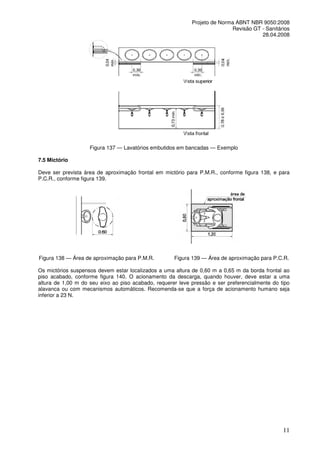 Projeto de Norma ABNT NBR 9050:2008
Revisão GT - Sanitários
28.04.2008

Figura 137 — Lavatórios embutidos em bancadas — Exemplo
7.5 Mictório
Deve ser prevista área de aproximação frontal em mictório para P.M.R., conforme figura 138, e para
P.C.R., conforme figura 139.

Figura 138 — Área de aproximação para P.M.R.

Figura 139 — Área de aproximação para P.C.R.

Os mictórios suspensos devem estar localizados a uma altura de 0,60 m a 0,65 m da borda frontal ao
piso acabado, conforme figura 140. O acionamento da descarga, quando houver, deve estar a uma
altura de 1,00 m do seu eixo ao piso acabado, requerer leve pressão e ser preferencialmente do tipo
alavanca ou com mecanismos automáticos. Recomenda-se que a força de acionamento humano seja
inferior a 23 N.

11

 