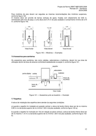 Projeto de Norma ABNT NBR 9050:2008
Revisão GT - Sanitários
28.04.2008
Para mictórios de piso devem ser seguidas as mesmas recomendações dos mictórios suspensos,
conforme figura 140.
O mictório deve ser provido de barras verticais de apoio, fixadas com afastamento de 0,60 m,
centralizado pelo eixo da peça, a uma altura de 0,75 m do piso acabado e comprimento mínimo de 0,70
m, conforme figura 140.

Figura 140 — Mictórios — Exemplos
7.6 Acessórios para sanitários
Os acessórios para sanitários, tais como cabides, saboneteiras e toalheiros, devem ter sua área de
utilização dentro da faixa de alcance confortável estabelecida na seção 4, conforme figura 141.

Figura 141 — Acessórios junto ao lavatório — Exemplo
7.7 Espelhos
A altura de instalação dos espelhos deve atender às seguintes condições:
a) quando o espelho for instalado em posição vertical, a altura da borda inferior deve ser de no máximo
0,90 m e a da borda superior de no mínimo 1,80 m do piso acabado, conforme figura 142-a);
b) quando o espelho for inclinado em 10o em relação ao plano vertical, a altura da borda inferior deve ser
de no máximo 1,10 m e a da borda superior de no mínimo 1,80 m do piso acabado, conforme figura 142b).

12

 
