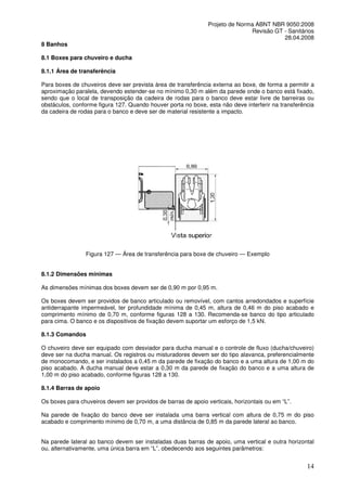 Projeto de Norma ABNT NBR 9050:2008
Revisão GT - Sanitários
28.04.2008
8 Banhos
8.1 Boxes para chuveiro e ducha
8.1.1 Área de transferência
Para boxes de chuveiros deve ser prevista área de transferência externa ao boxe, de forma a permitir a
aproximação paralela, devendo estender-se no mínimo 0,30 m além da parede onde o banco está fixado,
sendo que o local de transposição da cadeira de rodas para o banco deve estar livre de barreiras ou
obstáculos, conforme figura 127. Quando houver porta no boxe, esta não deve interferir na transferência
da cadeira de rodas para o banco e deve ser de material resistente a impacto.

Figura 127 — Área de transferência para boxe de chuveiro — Exemplo
8.1.2 Dimensões mínimas
As dimensões mínimas dos boxes devem ser de 0,90 m por 0,95 m.
Os boxes devem ser providos de banco articulado ou removível, com cantos arredondados e superfície
antiderrapante impermeável, ter profundidade mínima de 0,45 m, altura de 0,46 m do piso acabado e
comprimento mínimo de 0,70 m, conforme figuras 128 a 130. Recomenda-se banco do tipo articulado
para cima. O banco e os dispositivos de fixação devem suportar um esforço de 1,5 kN.
8.1.3 Comandos
O chuveiro deve ser equipado com desviador para ducha manual e o controle de fluxo (ducha/chuveiro)
deve ser na ducha manual. Os registros ou misturadores devem ser do tipo alavanca, preferencialmente
de monocomando, e ser instalados a 0,45 m da parede de fixação do banco e a uma altura de 1,00 m do
piso acabado. A ducha manual deve estar a 0,30 m da parede de fixação do banco e a uma altura de
1,00 m do piso acabado, conforme figuras 128 a 130.
8.1.4 Barras de apoio
Os boxes para chuveiros devem ser providos de barras de apoio verticais, horizontais ou em “L”.
Na parede de fixação do banco deve ser instalada uma barra vertical com altura de 0,75 m do piso
acabado e comprimento mínimo de 0,70 m, a uma distância de 0,85 m da parede lateral ao banco.
Na parede lateral ao banco devem ser instaladas duas barras de apoio, uma vertical e outra horizontal
ou, alternativamente, uma única barra em “L”, obedecendo aos seguintes parâmetros:

14

 