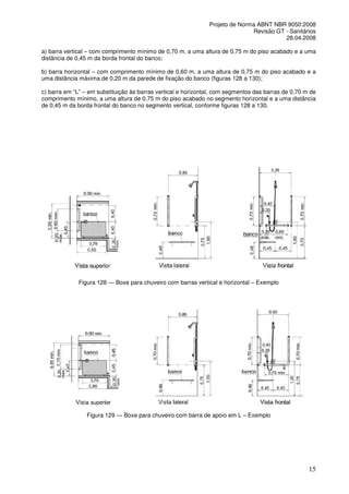 Projeto de Norma ABNT NBR 9050:2008
Revisão GT - Sanitários
28.04.2008
a) barra vertical – com comprimento mínimo de 0,70 m, a uma altura de 0,75 m do piso acabado e a uma
distância de 0,45 m da borda frontal do banco;
b) barra horizontal – com comprimento mínimo de 0,60 m, a uma altura de 0,75 m do piso acabado e a
uma distância máxima de 0,20 m da parede de fixação do banco (figuras 128 a 130);
c) barra em “L” – em substituição às barras vertical e horizontal, com segmentos das barras de 0,70 m de
comprimento mínimo, a uma altura de 0,75 m do piso acabado no segmento horizontal e a uma distância
de 0,45 m da borda frontal do banco no segmento vertical, conforme figuras 128 a 130.

Figura 128 — Boxe para chuveiro com barras vertical e horizontal – Exemplo

Figura 129 — Boxe para chuveiro com barra de apoio em L – Exemplo

15

 
