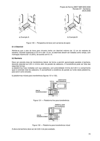 Projeto de Norma ABNT NBR 9050:2008
Revisão GT - Sanitários
28.04.2008

a) Exemplo A

b) Exemplo B

Figura 130 — Perspectiva do boxe com as barras de apoio
8.1.5 Desnível
Admite-se que o piso do boxe para chuveiro tenha um desnível máximo de 1,5 cm do restante do
sanitário. Quando superiores a 0,5 cm e até 1,5 cm, os desníveis devem ser tratados como rampa, com
inclinação máxima de 1:2 (50%), de acordo com 6.1.4.
8.2 Banheira
Deve ser prevista área de transferência lateral, de forma a permitir aproximação paralela à banheira,
devendo estender-se 0,30 m mínimo além da parede da cabeceira. A transferência pode ser feita das
seguintes formas:
a) plataformas fixas niveladas com sua cabeceira, com profundidade mínima de 0,40 m e comprimento
igual à extensão total da cabeceira. É aconselhável a existência de parede ao fundo desta plataforma,
para servir como encosto;
b) plataformas móveis para transferência (figuras 131 e 132).

Figura 131 — Plataforma fixa para transferência

Figura 132 — Plataforma para transferência móvel
A altura da banheira deve ser de 0,46 m do piso acabado.

16

 