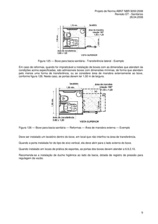Projeto de Norma ABNT NBR 9050:2008
Revisão GT - Sanitários
28.04.2008

Figura 125 — Boxe para bacia sanitária - Transferência lateral - Exemplo
Em caso de reformas, quando for impraticável a instalação de boxes com as dimensões que atendam às
condições acima especificadas, são admissíveis boxes com dimensões mínimas, de forma que atendam
pelo menos uma forma de transferência, ou se considere área de manobra externamente ao boxe,
conforme figura 126. Neste caso, as portas devem ter 1,00 m de largura.

Figura 126 — Boxe para bacia sanitária — Reformas — Área de manobra externa — Exemplo
Deve ser instalado um lavatório dentro do boxe, em local que não interfira na área de transferência.
Quando a porta instalada for do tipo de eixo vertical, ela deve abrir para o lado externo do boxe.
Quando instalado em locais de prática de esportes, as portas dos boxes devem atender a 6.9.2.10.
Recomenda-se a instalação de ducha higiênica ao lado da bacia, dotada de registro de pressão para
regulagem da vazão.

9

 