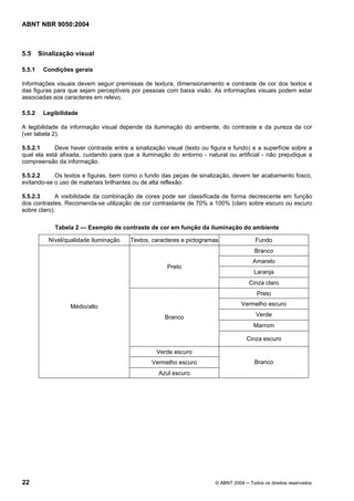 ABNT NBR 9050:2004 
5.5 Sinalização visual 
5.5.1 Condições gerais 
Informações visuais devem seguir premissas de textura, dimensionamento e contraste de cor dos textos e 
das figuras para que sejam perceptíveis por pessoas com baixa visão. As informações visuais podem estar 
associadas aos caracteres em relevo. 
5.5.2 Legibilidade 
A legibilidade da informação visual depende da iluminação do ambiente, do contraste e da pureza da cor 
(ver tabela 2). 
5.5.2.1 Deve haver contraste entre a sinalização visual (texto ou figura e fundo) e a superfície sobre a 
qual ela está afixada, cuidando para que a iluminação do entorno - natural ou artificial - não prejudique a 
compreensão da informação. 
5.5.2.2 Os textos e figuras, bem como o fundo das peças de sinalização, devem ter acabamento fosco, 
evitando-se o uso de materiais brilhantes ou de alta reflexão. 
5.5.2.3 A visibilidade da combinação de cores pode ser classificada de forma decrescente em função 
dos contrastes. Recomenda-se utilização de cor contrastante de 70% a 100% (claro sobre escuro ou escuro 
sobre claro). 
Tabela 2 — Exemplo de contraste de cor em função da iluminação do ambiente 
Nível/qualidade iluminação Textos, caracteres e pictogramas Fundo 
Branco 
Amarelo 
Laranja 
Preto 
Cinza claro 
Preto 
Vermelho escuro 
Verde 
Marrom 
Branco 
Cinza escuro 
Verde escuro 
Médio/alto 
Vermelho escuro 
Azul escuro 
Branco 
22 © ABNT 2004 ─ Todos os direitos reservados 
 