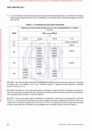 d) o uso da Tabela 3 é indicado apenas para as lajes alveolares biapoiadas, e a Tabela 4 é indi­
cada
para as lajes alveolares contínuas e confinadas, com armadura de continuidade negativa mínima
de 8 cm2/m.
Tabela 3 – Características para lajes biapoiadas
TRRF
Espessura mínima total de laje (com ou sem capa)/distância c1 mínima
mm/mm
MSd incêndio/(MRd)
%
30-39 40-49 50-59 > 60
30 Todas as lajes/30
60 150/30
90
200/35
265/35
320/35
400/35
200/40
265/40
320/40
400/40
200/40
120
200/40
265/40
320/40
400/40
200/50
180
200/50
265/50
320/50
400/50
200/60
265/60
320/60
400/60
5.3.1.5.5 No caso das lajes alveolares confinadas com capeamento estrutural, podem ser reduzidos
os valores de c1 da Tabela 3 em 5 mm, conforme Figura 7, desde que seja atendido o previsto
em 5.3.1.5.6 e 5.3.1.5.7.
5.3.1.5.6 Entende-se como lajes alveolares confinadas as lajes que têm restrições aos desloca-
mentos horizontais provenientes das variações volumétricas decorrentes do aumento da tempera-
tura causados pelo incêndio, conforme Figura 7.
5.3.1.5.7 Para que as lajes sejam confinadas, é necessária a execução do capeamento, conforme
7.2.4.1.4.1, e este deve ter armadura nas duas direções, armadura negativa de contorno maior que
1,88 cm2/m e armadura negativa de no mínimo 5 cm2/m. A armadura de contorno deve ser ancorada
na viga. A laje deve ser confinada por concretagem em sua região frontal, conforme Figura 7.
20
ABNT NBR 9062:2017
© ABNT 2017 - Todos os direitos reservados
Arquivo
de
impressão
gerado
em
25/09/2017
09:29:37
de
uso
exclusivo
de
ALESSANDRA
LUCIANO
CARVALHO
[761.250.171-68] Arquivo de impressão gerado em 25/09/2017 09:29:37 de uso exclusivo de ALESSANDRA LUCIANO CARVALHO [761.250.171-68]
 
