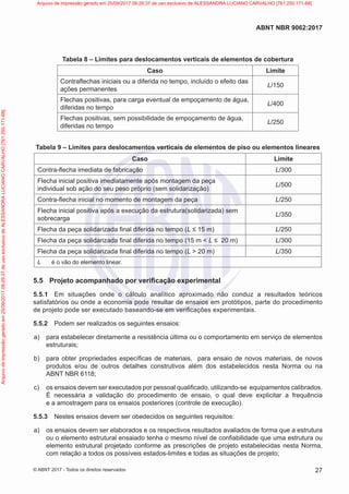 Tabela 8 – Limites para deslocamentos verticais de elementos de cobertura
Caso Limite
Contraflechas iniciais ou a diferida no tempo, incluído o efeito das
ações permanentes
L/150
Flechas positivas, para carga eventual de empoçamento de água,
diferidas no tempo
L/400
Flechas positivas, sem possibilidade de empoçamento de água,
diferidas no tempo
L/250
Tabela 9 – Limites para deslocamentos verticais de elementos de piso ou elementos lineares
Caso Limite
Contra-flecha imediata de fabricação L/300
Flecha inicial positiva imediatamente após montagem da peça
individual sob ação do seu peso próprio (sem solidarização)
L/500
Contra-flecha inicial no momento de montagem da peça L/250
Flecha inicial positiva após a execução da estrutura(solidarizada) sem
sobrecarga
L/350
Flecha da peça solidarizada final diferida no tempo (L ≤ 15 m) L/250
Flecha da peça solidarizada final diferida no tempo (15 m < L ≤ 20 m) L/300
Flecha da peça solidarizada final diferida no tempo (L > 20 m) L/350
L é o vão do elemento linear.
5.5 Projeto acompanhado por verificação experimental
5.5.1 Em situações onde o cálculo analítico aproximado não conduz a resultados teóricos
satisfatórios ou onde a economia pode resultar de ensaios em protótipos, parte do procedimento
de projeto pode ser executado baseando-se em verificações experimentais.
5.5.2 Podem ser realizados os seguintes ensaios:
a) para estabelecer diretamente a resistência última ou o comportamento em serviço de elementos
estruturais;
b) para obter propriedades específicas de materiais, para ensaio de novos materiais, de novos
produtos e/ou de outros detalhes construtivos além dos estabelecidos nesta Norma ou na
ABNT NBR 6118;
c) os ensaios devem ser executados por pessoal qualificado, utilizando-se equipamentos calibrados.
É necessária a validação do procedimento de ensaio, o qual deve explicitar a frequência
e a amostragem para os ensaios posteriores (controle de execução).
5.5.3 Nestes ensaios devem ser obedecidos os seguintes requisitos:
a) os ensaios devem ser elaborados e os respectivos resultados avaliados de forma que a estrutura
ou o elemento estrutural ensaiado tenha o mesmo nível de confiabilidade que uma estrutura ou
elemento estrutural projetado conforme as prescrições de projeto estabelecidas nesta Norma,
com relação a todos os possíveis estados-limites e todas as situações de projeto;
27
ABNT NBR 9062:2017
© ABNT 2017 - Todos os direitos reservados
Arquivo
de
impressão
gerado
em
25/09/2017
09:29:37
de
uso
exclusivo
de
ALESSANDRA
LUCIANO
CARVALHO
[761.250.171-68] Arquivo de impressão gerado em 25/09/2017 09:29:37 de uso exclusivo de ALESSANDRA LUCIANO CARVALHO [761.250.171-68]
 